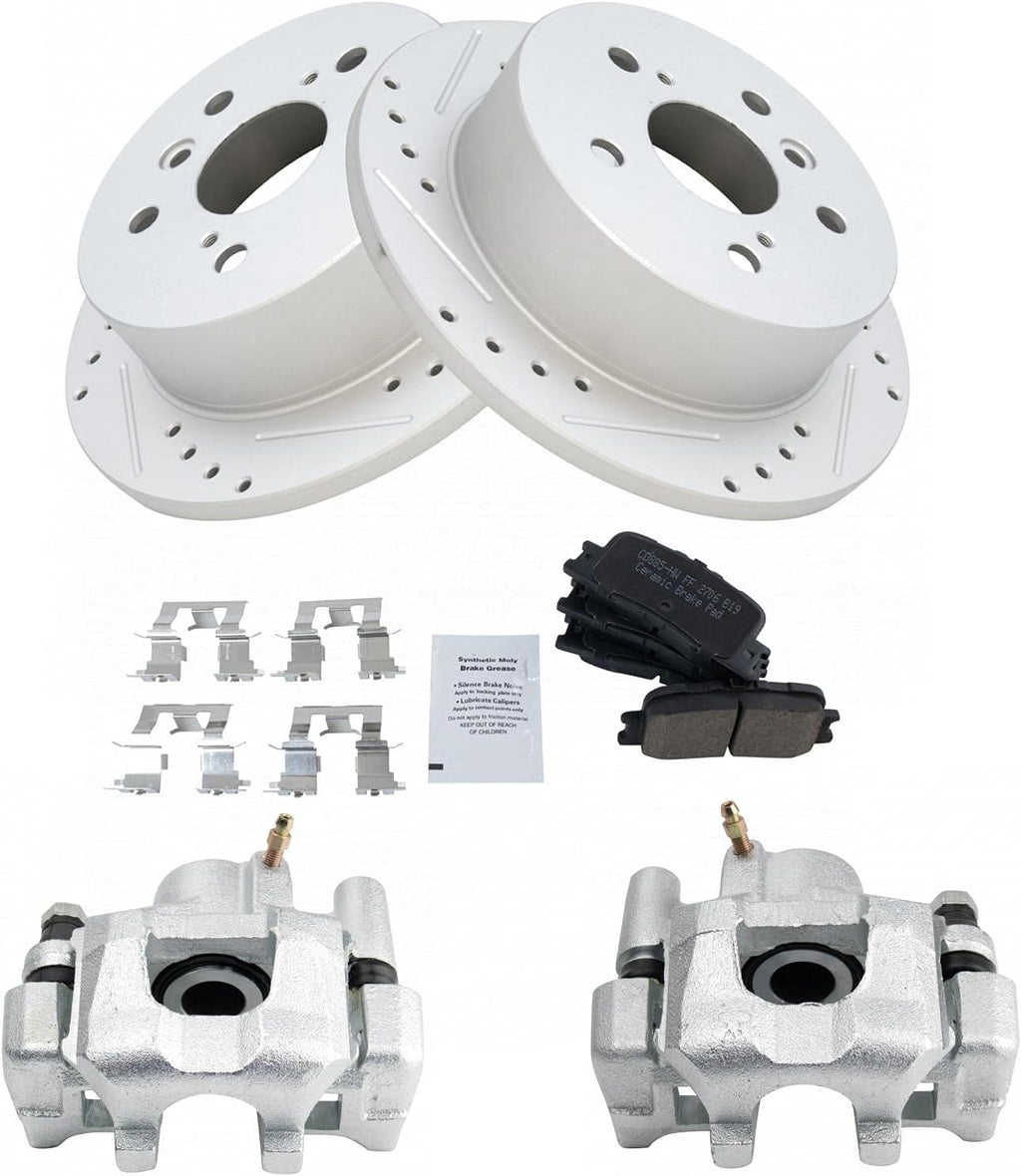 TRQ Performance Rear Brake Pad and Rotor Set Ceramic Drilled Slotted Solid Rotors Calipers Compatible with 2002-2003 Lexus ES300 2004-2006 ES330 2002-2006 Toyota Camry