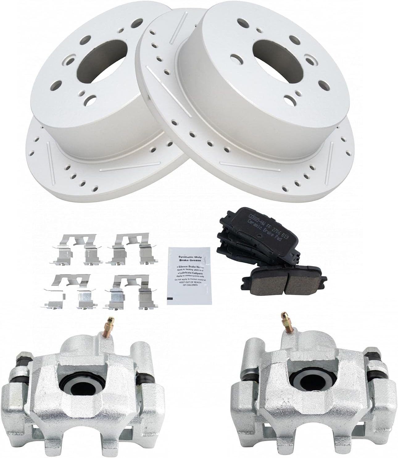 TRQ Performance Rear Brake Pad and Rotor Set Ceramic Drilled Slotted Solid Rotors Calipers Compatible with 2002-2003 Lexus ES300 2004-2006 ES330 2002-2006 Toyota Camry