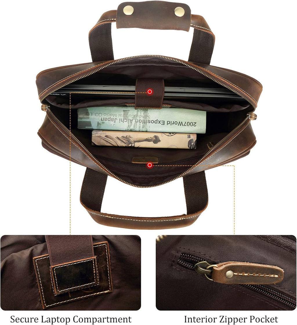 Polare Full Grain Leather 16.5'' Laptop Bag Briefcase for Men Business Messenger Work Bag Fits 15.6'' Laptop