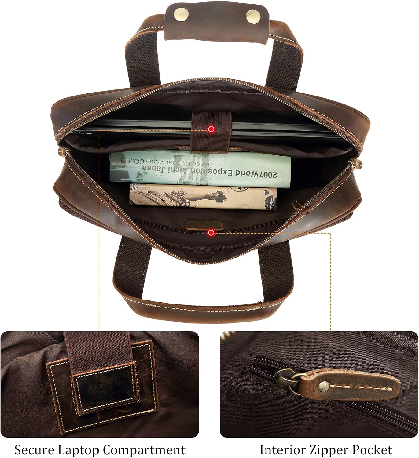 Polare Full Grain Leather 16.5'' Laptop Bag Briefcase for Men Business Messenger Work Bag Fits 15.6'' Laptop