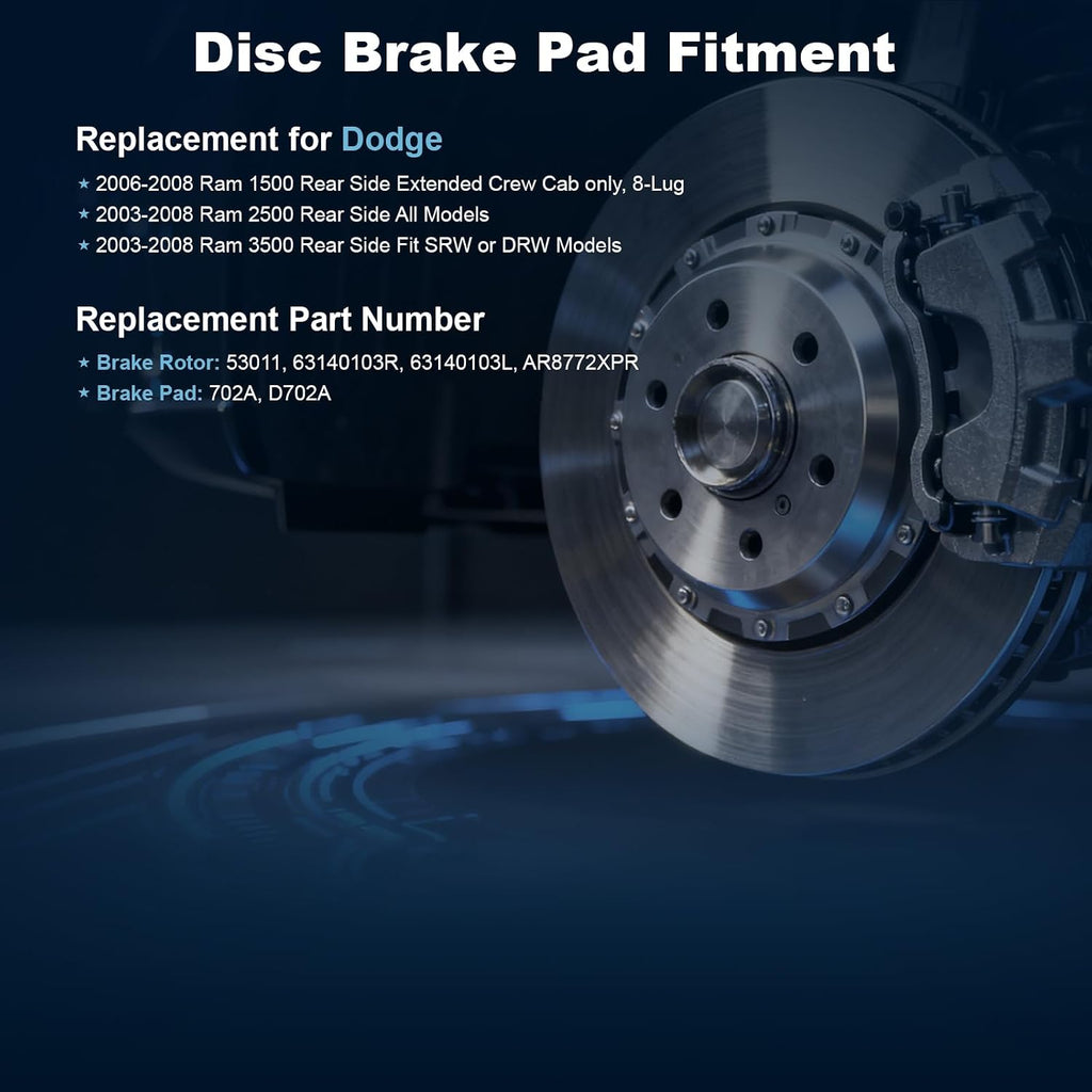 Rear Drilled and Slotted Disc Brake Rotors & Ceramic Brake Pads Kit Fit for Dodge 2006-2008 Ram 1500 (8 Lug; Mega Cab Models ONLY), 2003-2008 Ram 2500, 2003-2008 Ram 3500 Fit SRW or DRW