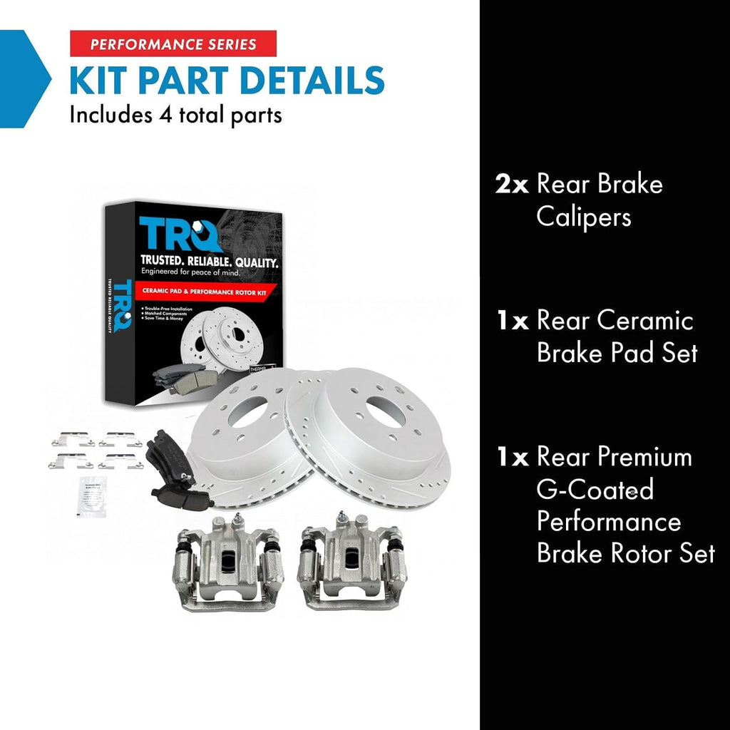 TRQ Performance Rear Brake Pad and Rotor Set Ceramic Drilled Slotted Coated Rotors Calipers Compatible with 2005-2018 Nissan Frontier 2005-2015 Xterra