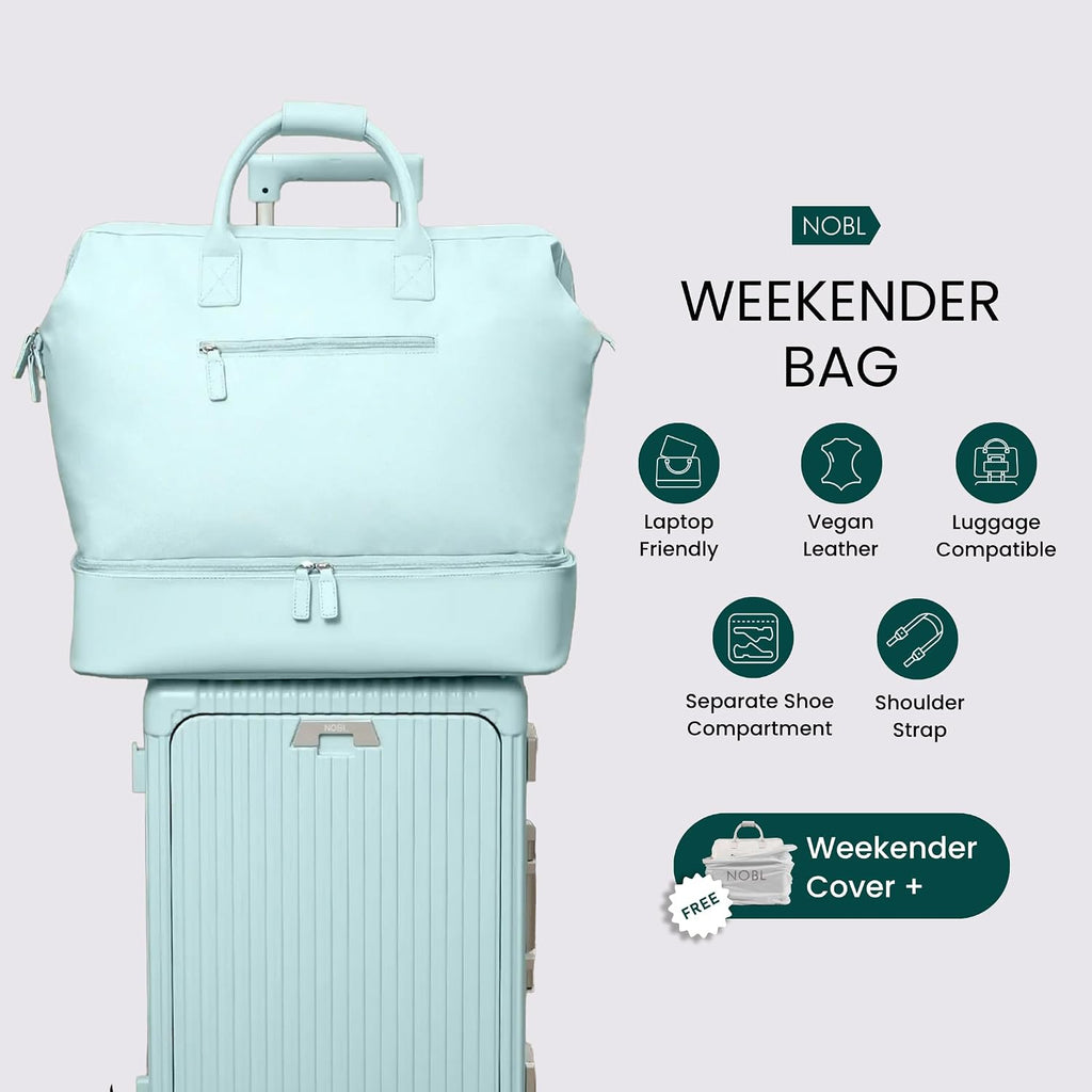Nobl Travel Weekender Bag for Women & Men, Large Duffel Carry-On Tote with Trolley Sleeve, Separate Shoe Compartment & Laptop Pocket, Leather Overnight Bag for Airplane, Gym, Road Trips - Powder Blue