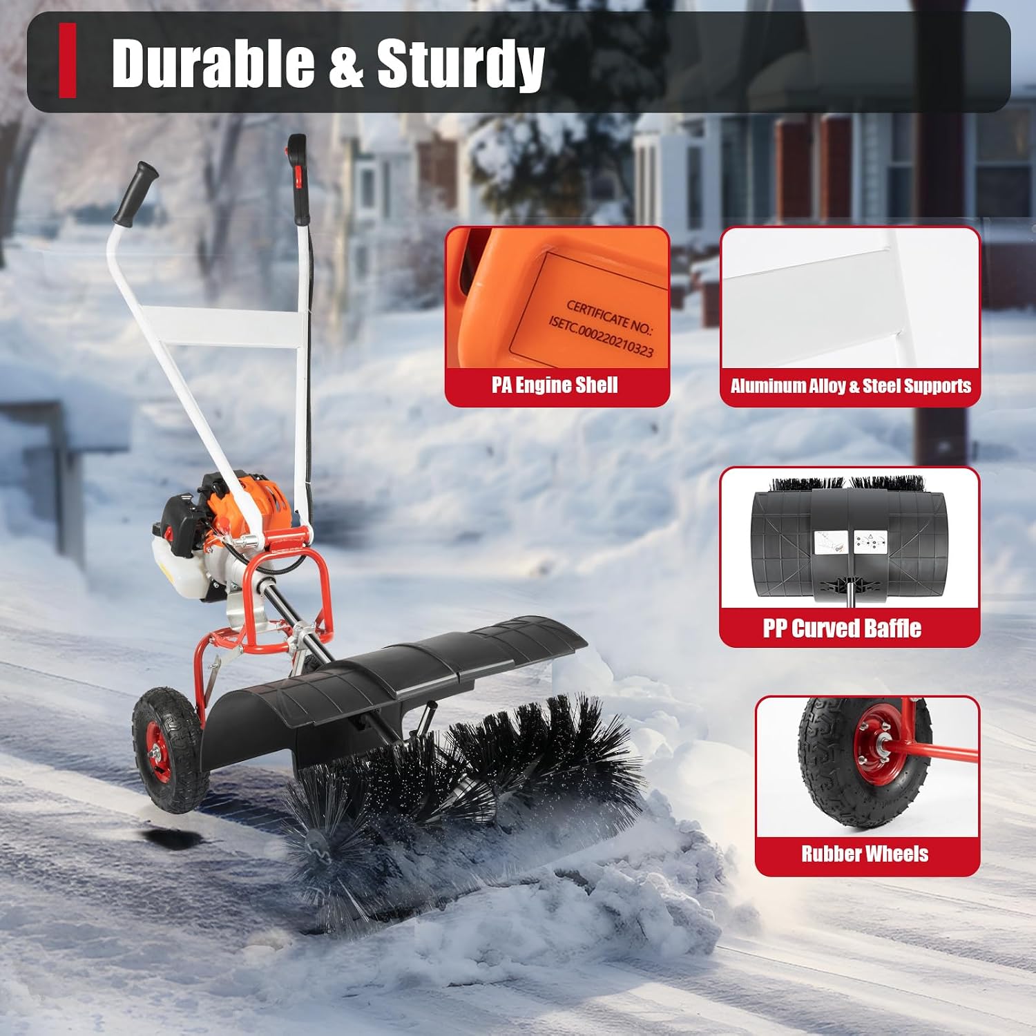 52CC Walk Behind Power Sweeper Broom, 2-Stroke 2.5HP Snow Sweeper Air-Cooled Fuel Engine Snowplow Broom, Outdoor Lawn Sweeper Cleaner Tools for Lawn Leaf Snow Artificial Turf Grass Gravel Cleaning