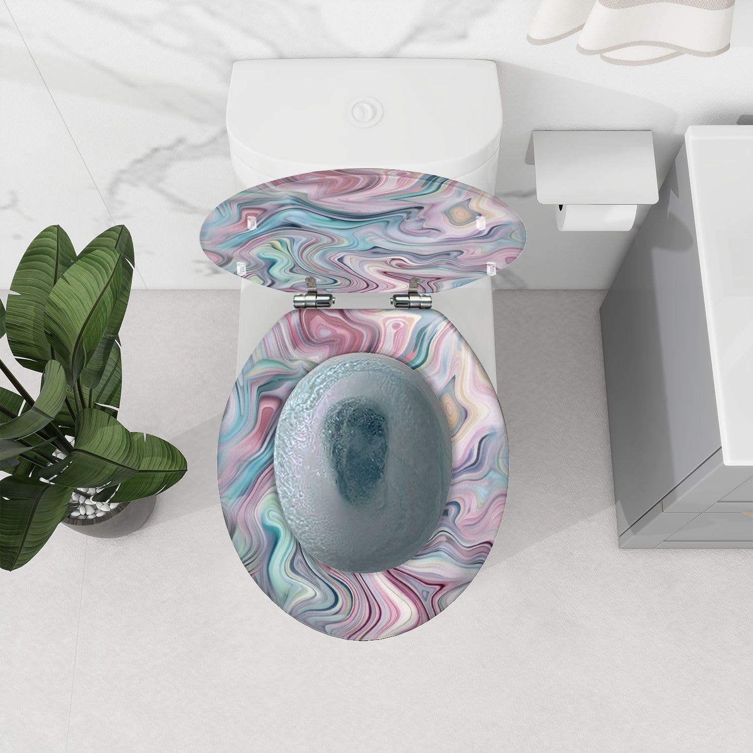 Round Toilet Seat Seamless pattern liquid fluid marble texture colourful pastel paint Resin Toilet Seat Quietly Close Quick Release Hinges Decorative Toilet Seat with Cover Easy to Install