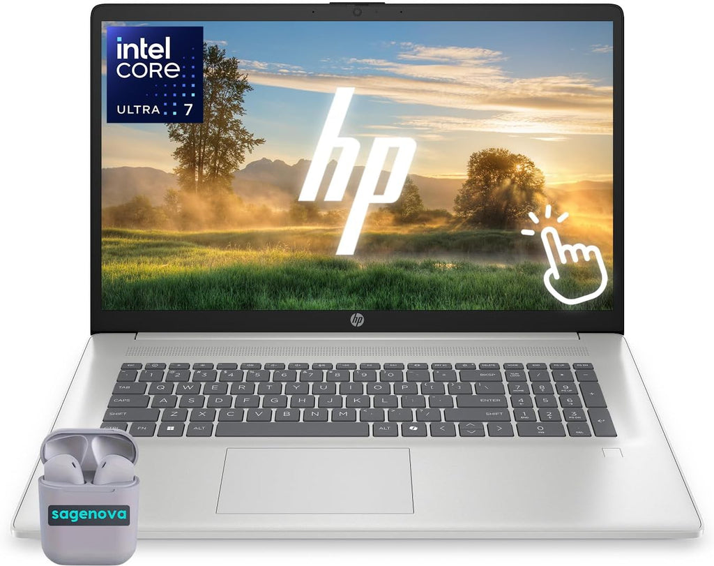 HP Touch Screen Laptop, 17.3' HD+ Touchscreen Laptop Computer, Windows 11, 64GB RAM 2TB SSD, Intel Core Ultra 7 255U, Fingerprint Reader, Backlit Keyboard, SageNova Earphones, Natural Silver