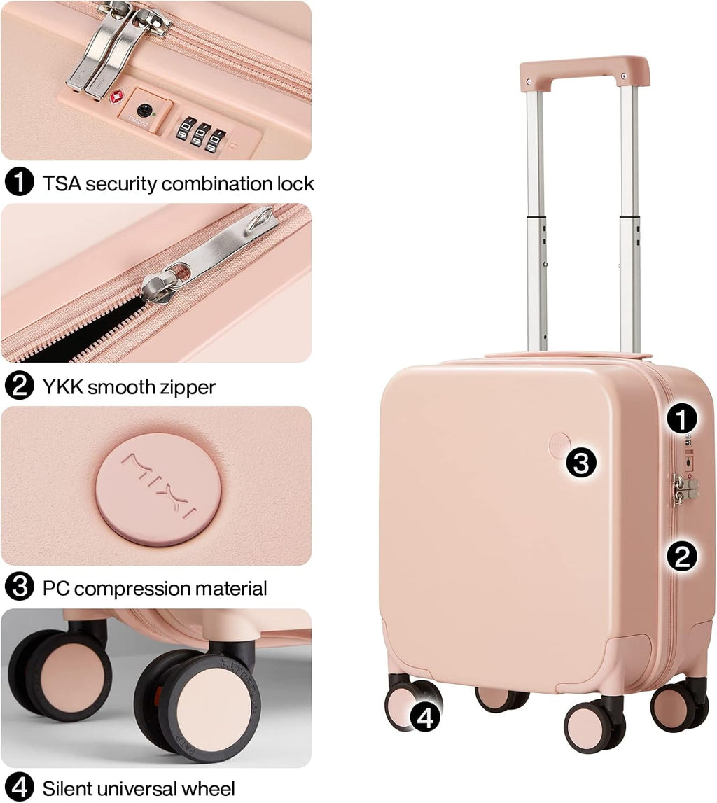 mixi 14 Inch Underseat Luggage Carry on Suitcase Free Boarding Personal Item Suitcases with Spinner Wheels Hardshell Lightweight PC for Short Travel, Pink