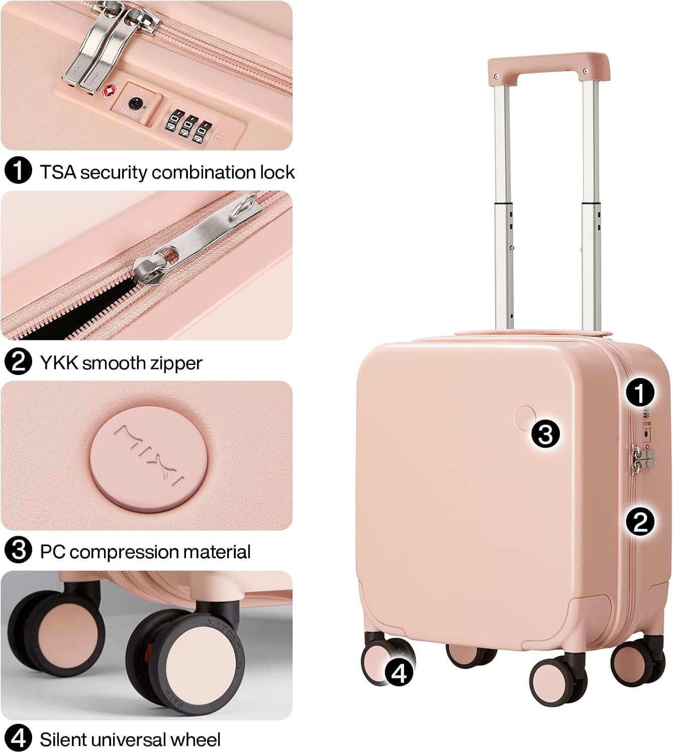 mixi 14 Inch Underseat Luggage Carry on Suitcase Free Boarding Personal Item Suitcases with Spinner Wheels Hardshell Lightweight PC for Short Travel, Pink