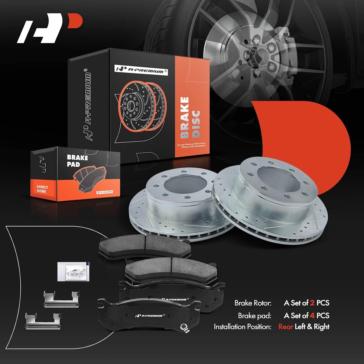 A-Premium 12.99 inch (330mm) Rear Drilled and Slotted Disc Brake Rotors + Ceramic Pads Kit Compatible with Select Chevy and GMC Models - Silverado HD, Suburban, Sierra 2500, Avalanche, Yukon XL, 6-PC