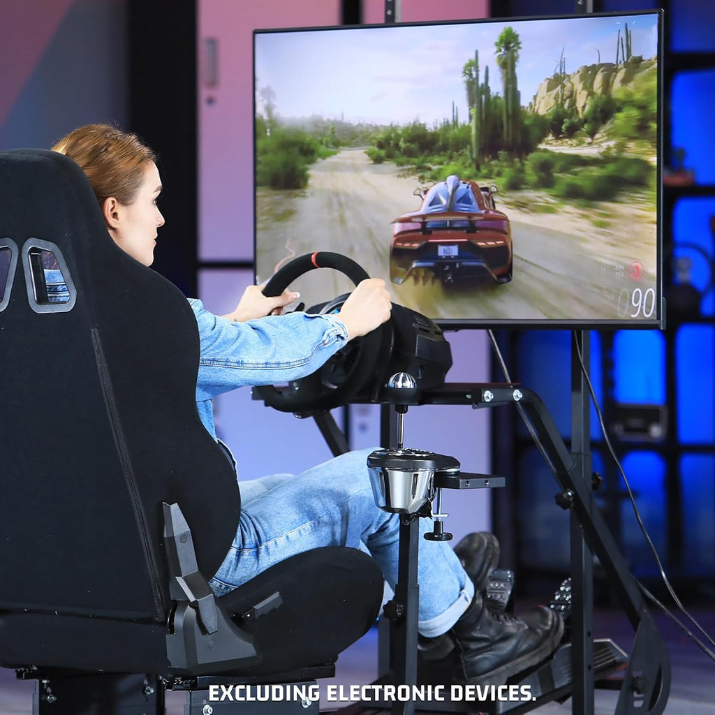 Marada Racing Cockpit Frame with TV Stand,Gear Mount & Black Seat Fit for Logitech G923 G920, for Thrustmaster T500 T3PA TGT, for Fantec, Height Adjustable,Wheel and Pedals Not Included