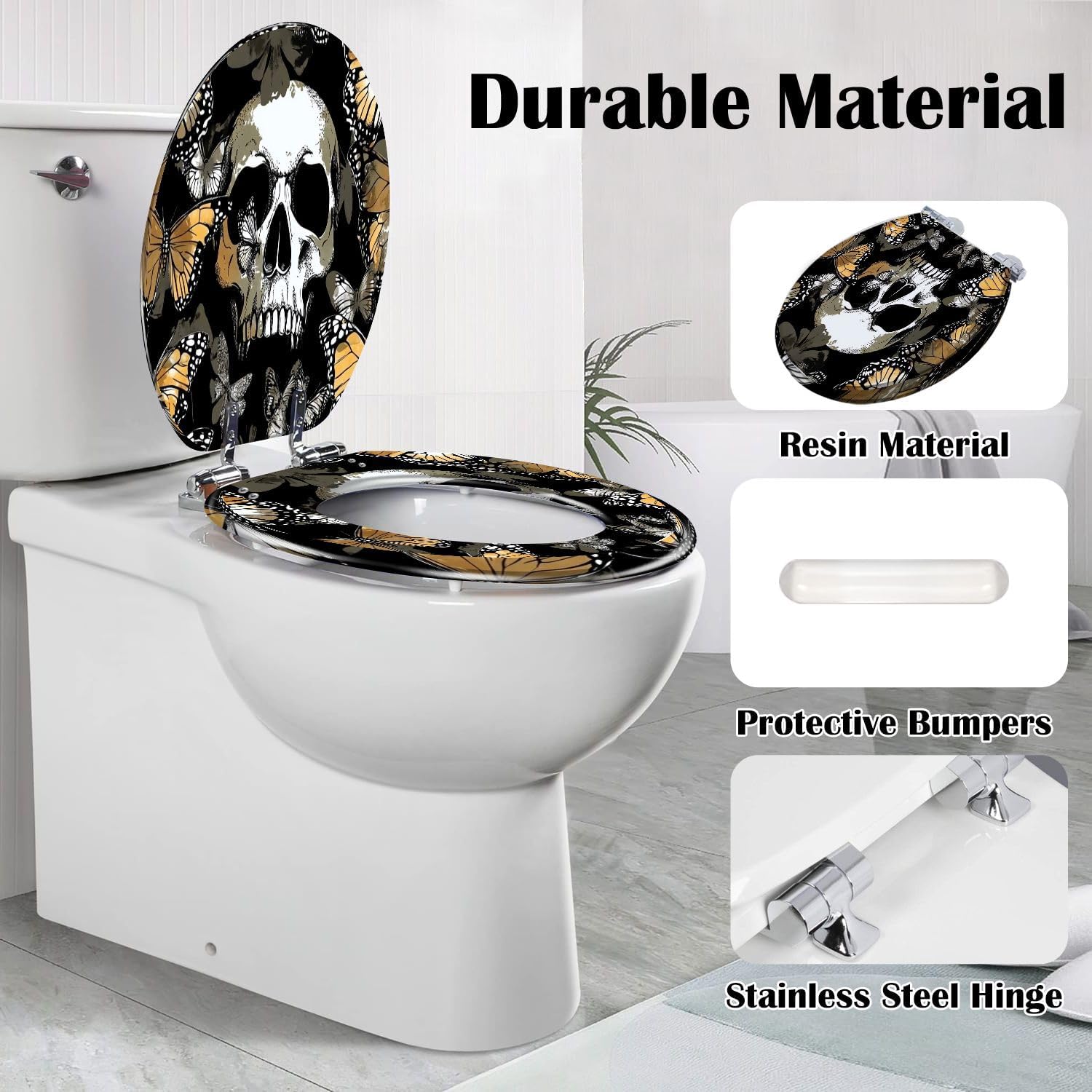 Elongated Toilet Seat Seamless pattern Gold silver Human skulls exotic Butterflies Textile Resin Toilet Seat Slow Quiet Close with Quick-Release Hinges Toilet Seat with Cover Easy to Clean Install