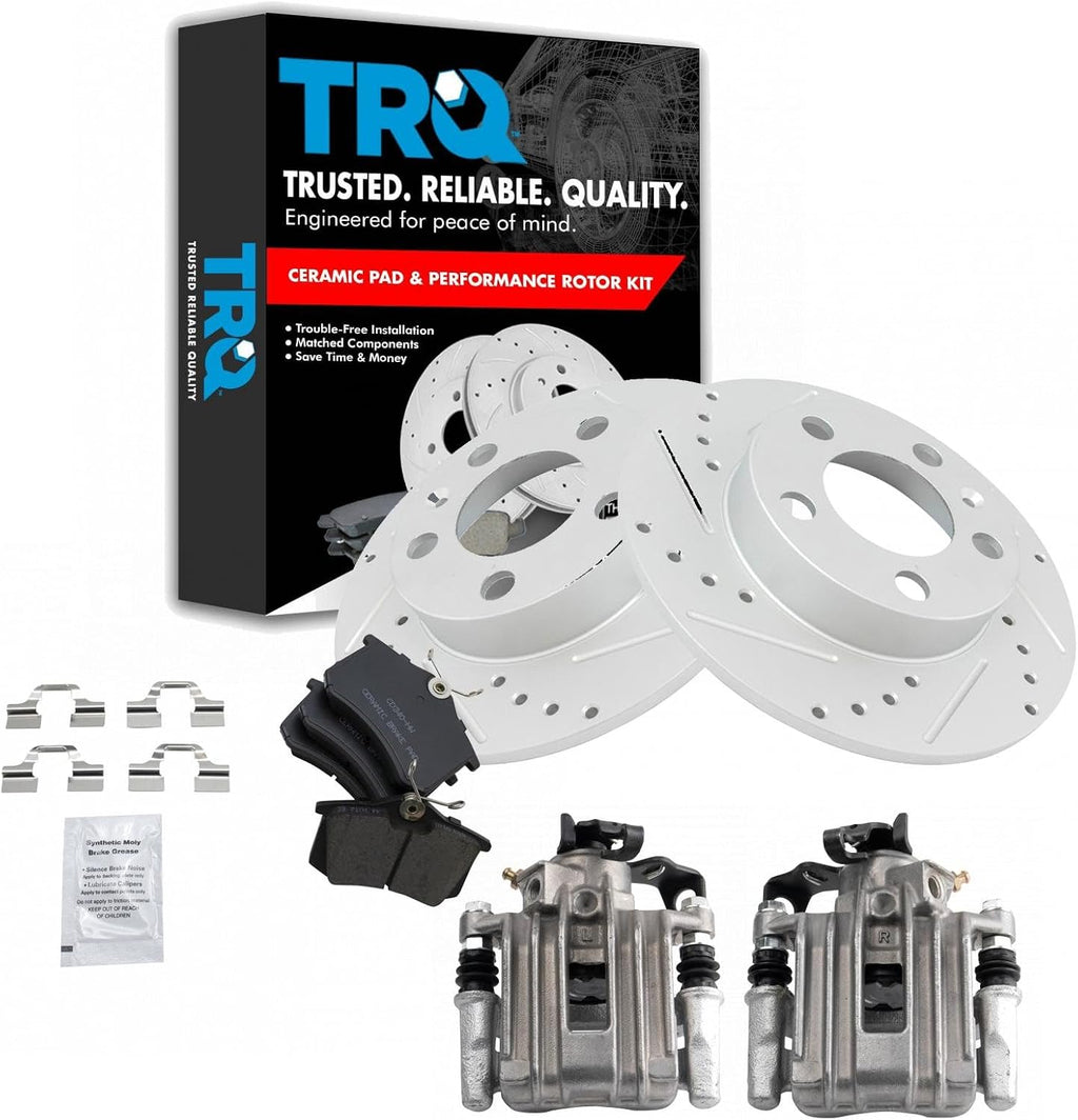 TRQ Performance Rear Brake Pad and Rotor Set Ceramic Solid Rotors Calipers Compatible with 2007-2010 Volkswagen Beetle
