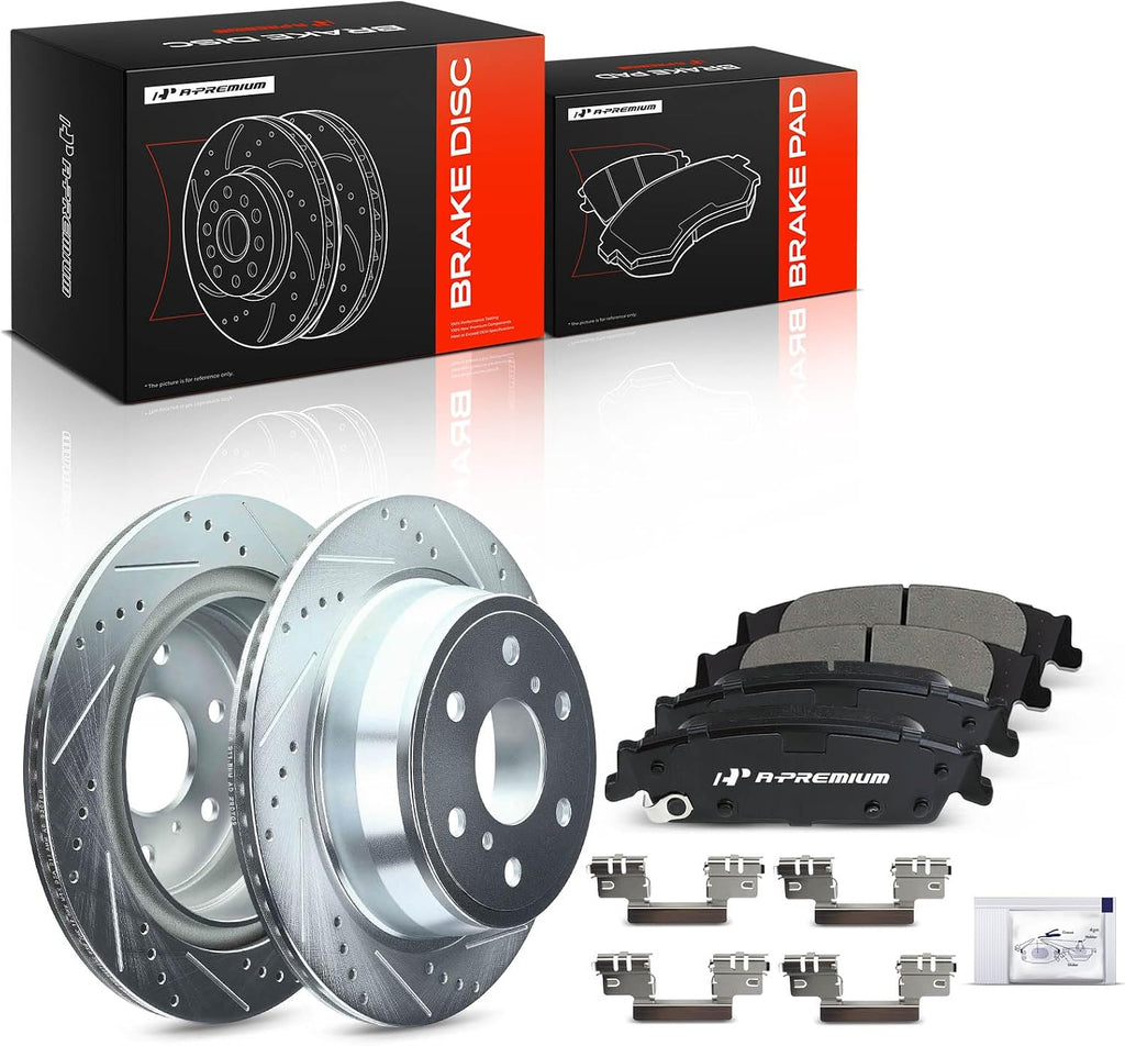 A-Premium 13.58 inch (345mm) Rear Disc Brake Rotors + Ceramic Pads Kit Compatible with Select Cadillac, Chevy and GMC Models - Silverado Sierra 1500 2014-2019, Escalade, Suburban, Tahoe, Yukon 15-20