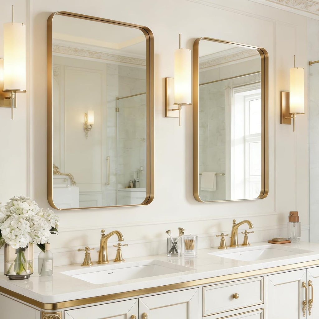 USHOWER Gold Bathroom Mirrors 24'x36' 2 Pack, Brushed Champagne Gold Rectangle Mirrors for Over Sink, Aluminum Frame, Anti-Rust, Tempered Glass, Horizontal or Vertical Mounted