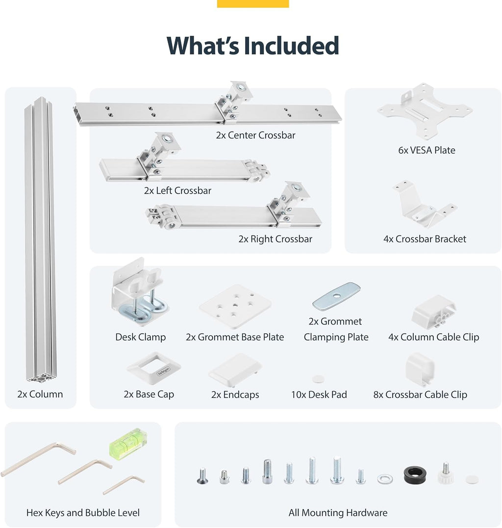 StarTech.com Six-Monitor Desk Mount w/Crossbar, Up to 32-inch Computer Screens/Max 17.6lb Each, Dual Column, C-clamp/Grommet