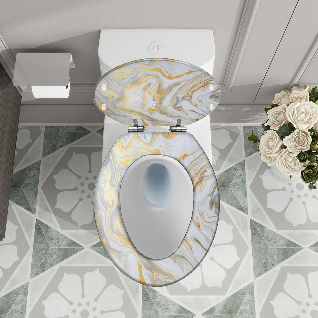 Elongated Toilet Seat marble ink paper texture white silver gold Resin Toilet Seat Quietly Close Quick Release Hinges Decorative Toilet Seat with Cover Easy to Install, Style 2