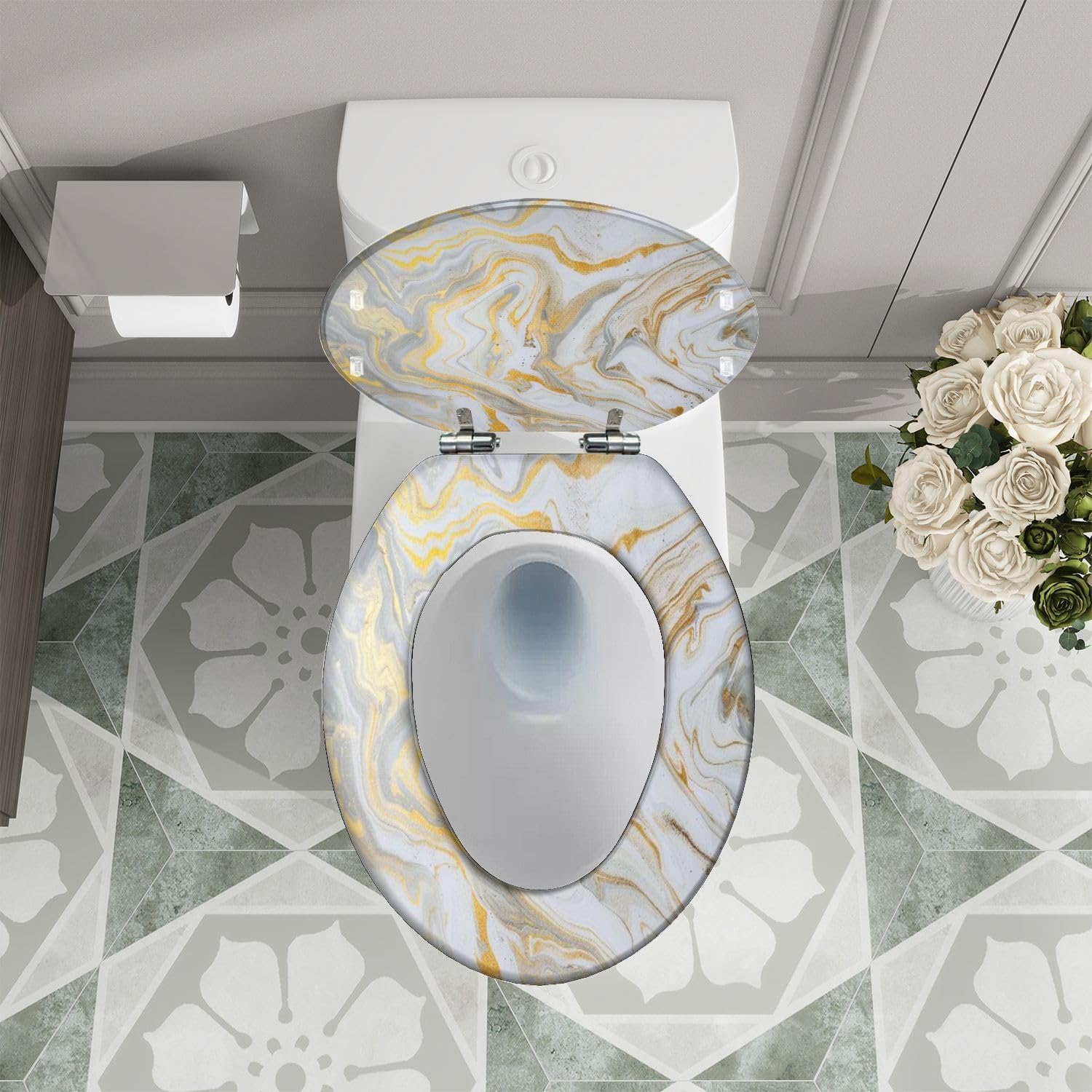 Elongated Toilet Seat marble ink paper texture white silver gold Resin Toilet Seat Quietly Close Quick Release Hinges Decorative Toilet Seat with Cover Easy to Install, Style 2