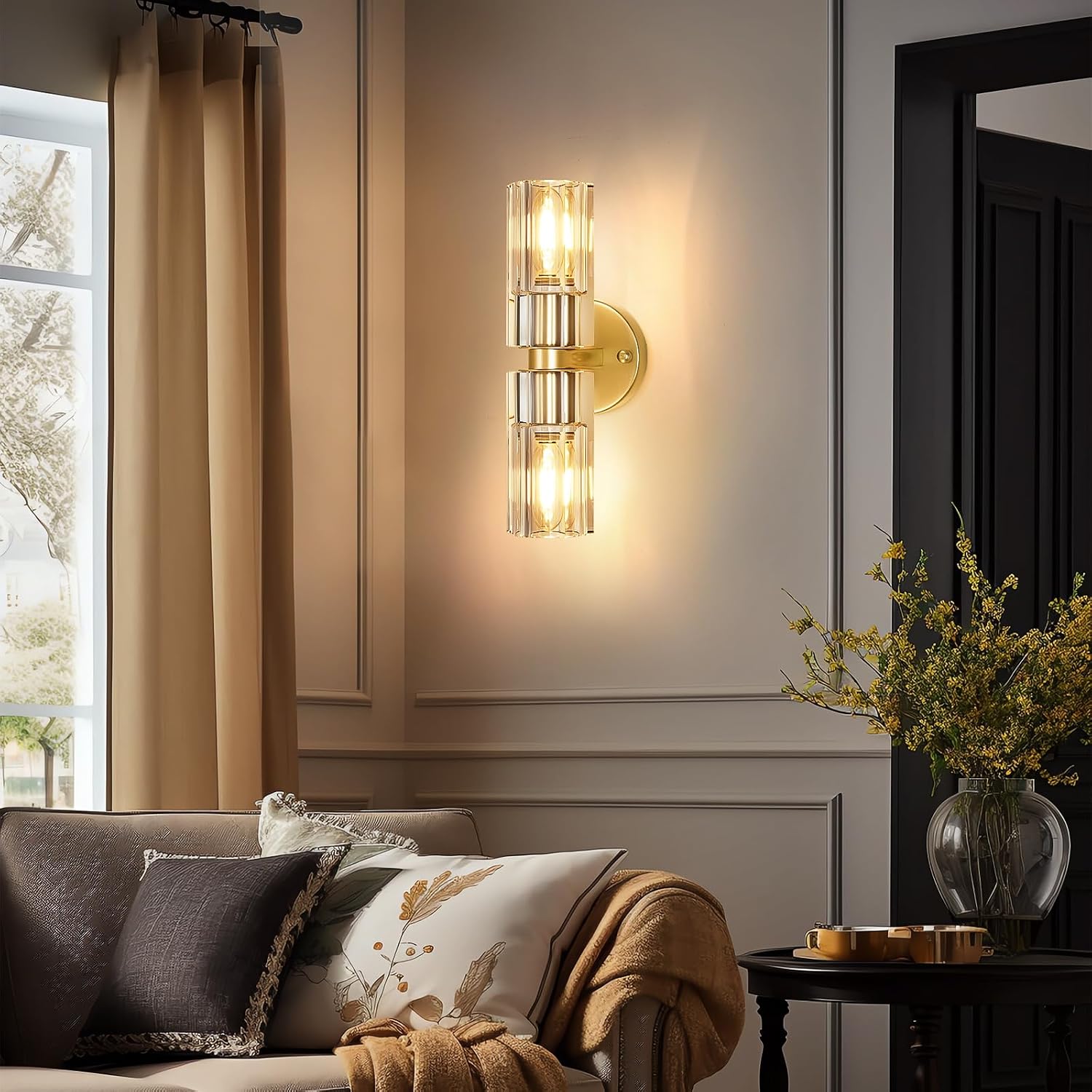 Crystal Wall Sconces Set of Two, 13'' Modern Brass Sconces Lighting with K9 Crystal Lampshade, Indoor Large Brass Wall Light Fixtures for Living Room Bathroom Hallway Stairs Bedroom