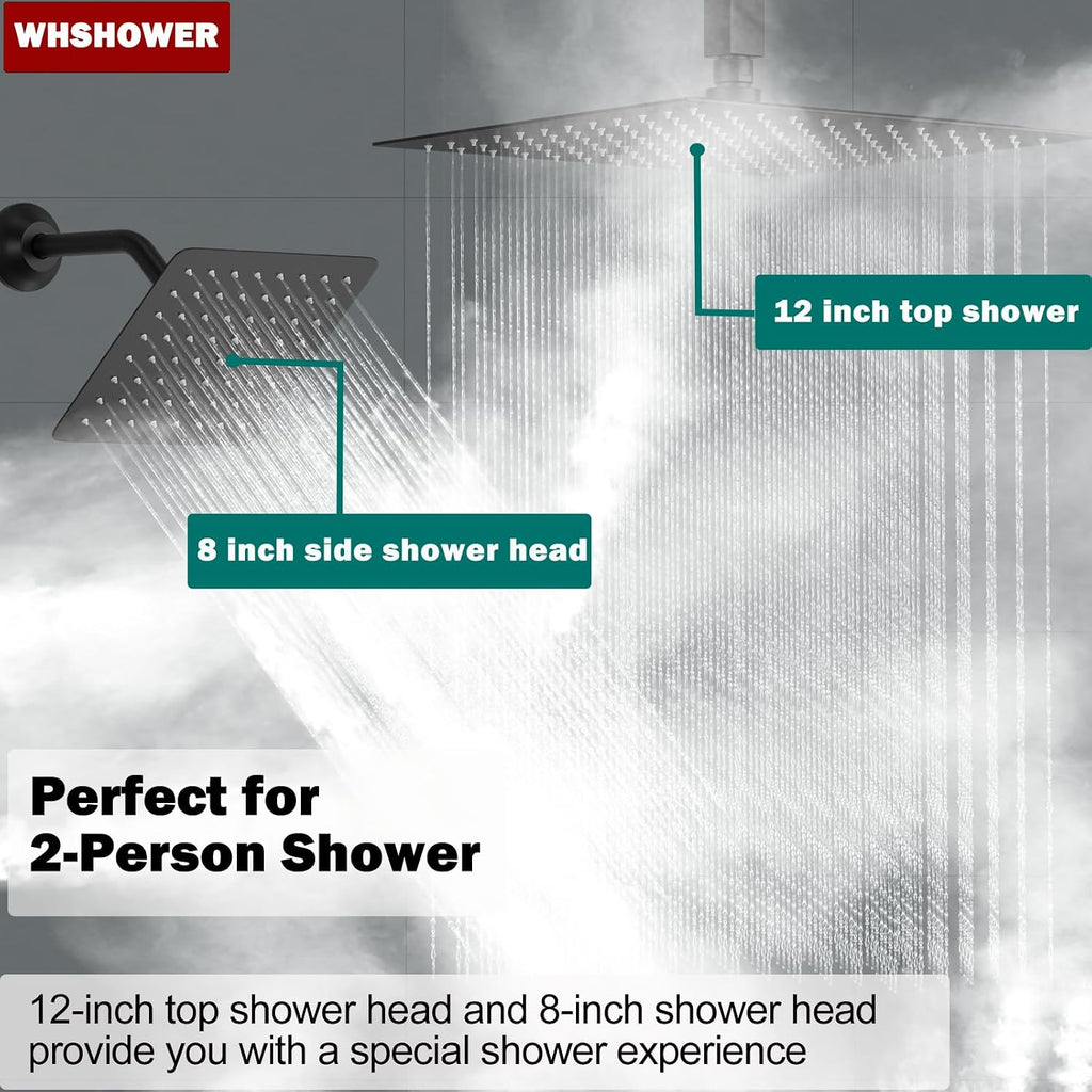 Bathroom Shower Faucet Set Dual Shower Heads Shower System with 12' & 8' Shower Heads, Handheld,Waterfall Bathtub Spout and Digital Display Valve,Full Body Shower System,Matte Black