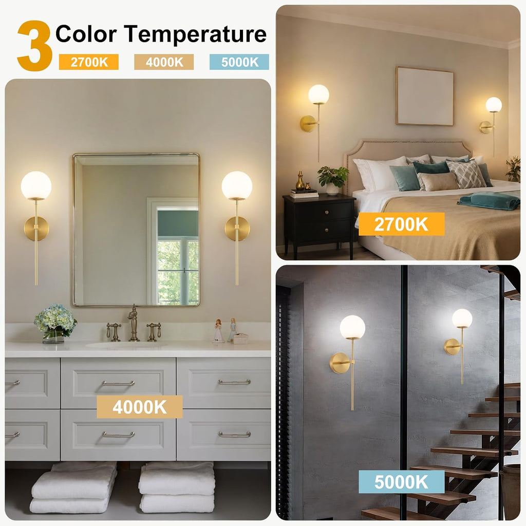 Battery Operated wall Sconce Set of 2 Glass Globe 3000K~6000K Rechargeable Gold Wall Light Fixture Wireless Wall Lights with Clear Glass Shade for Living Room, Hallway, Bedroom(2 Pack)