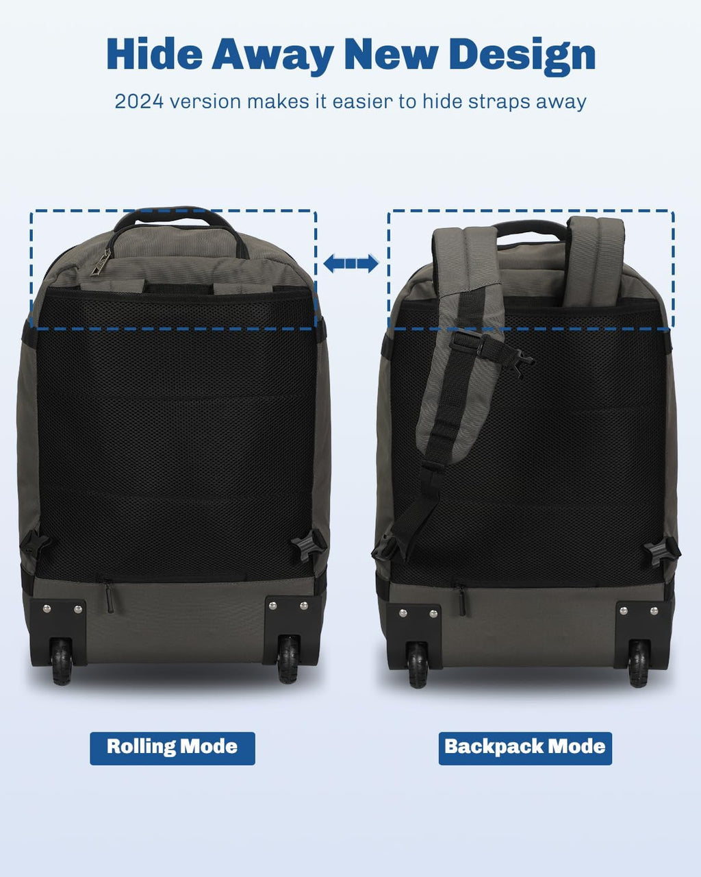 Hynes Eagle Rolling Backpack 42L Backpack with Wheels Airline Approved Carry on Luggage Laptop Travel Suitcase Bag for Women Men Dark Grey