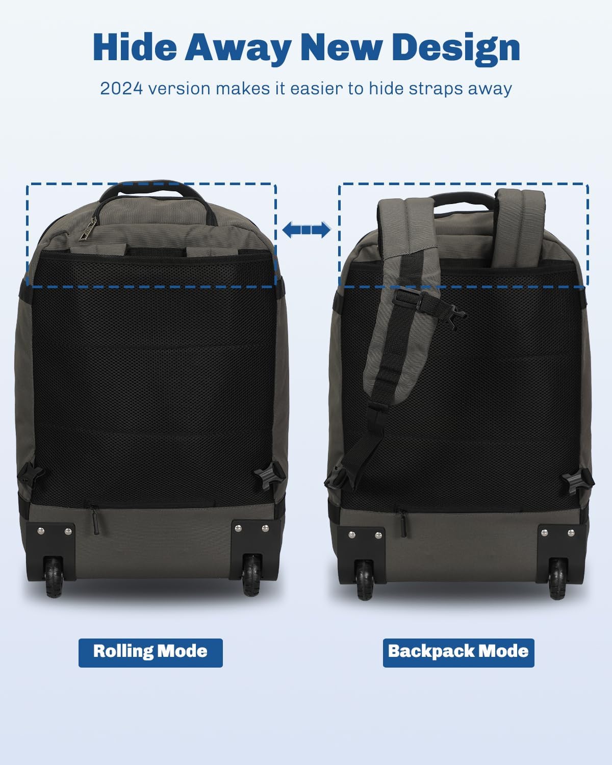 Hynes Eagle Rolling Backpack 42L Backpack with Wheels Airline Approved Carry on Luggage Laptop Travel Suitcase Bag for Women Men Dark Grey