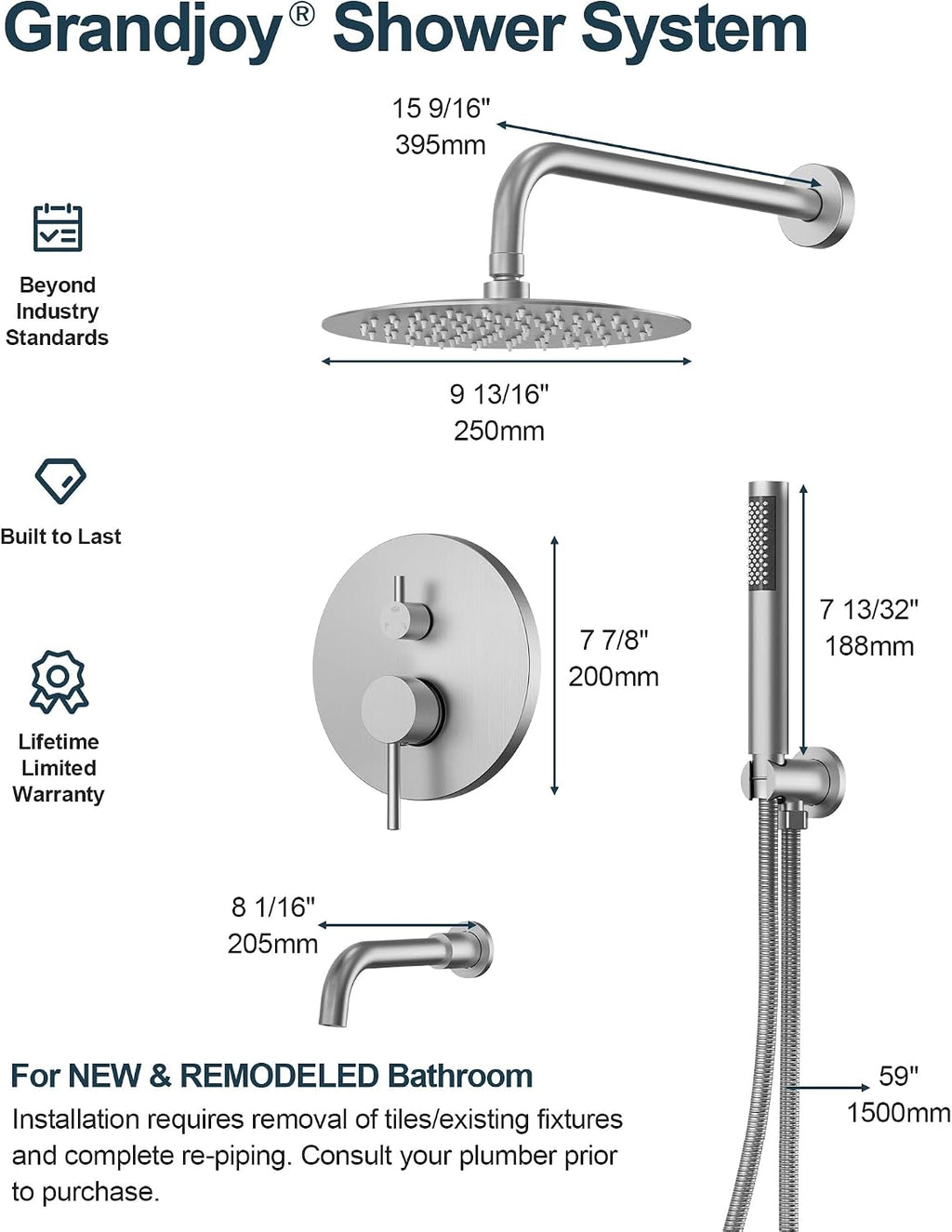 10 Inch Round Shower Faucet Set with Tub Spout, High Pressure Rainfall Shower Head and Handheld Sprayer Combo, Brushed Nickel