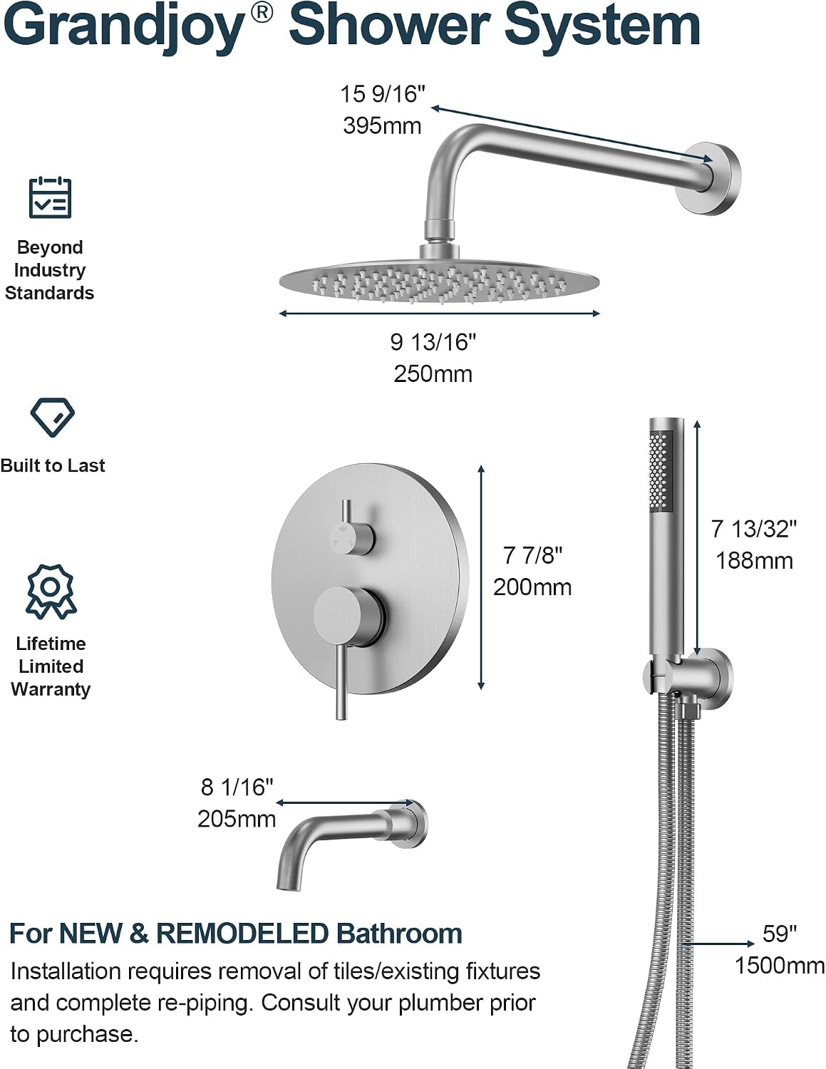 10 Inch Round Shower Faucet Set with Tub Spout, High Pressure Rainfall Shower Head and Handheld Sprayer Combo, Brushed Nickel