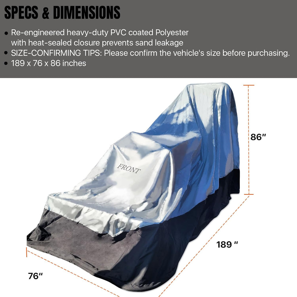 Heavy Duty Outdoor Tractor Cover with Patented Weighted Ground Conforming Apron Seal – Wind Resistant & Water Protection for Automobiles - Mid Size 189 L x 75 W x 86 H inch