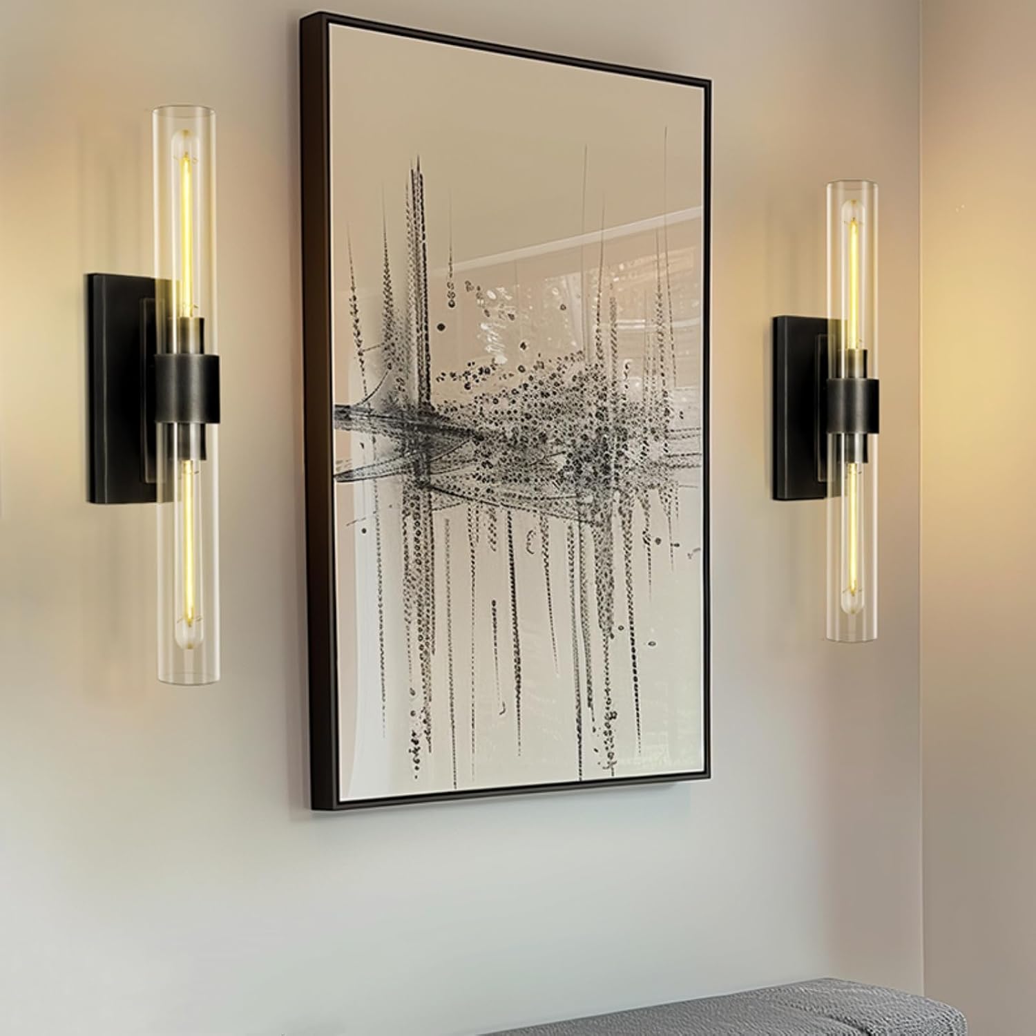 Black Wall Sconces, 22.8' Bathroom Sconces, Sconces Wall Lighting 2-Light, Bronze Wall Sconces Set of Two, Vanity Lights Tube Sconce, Glass Wall Sconce for Living Room, Bedroom, Hallway