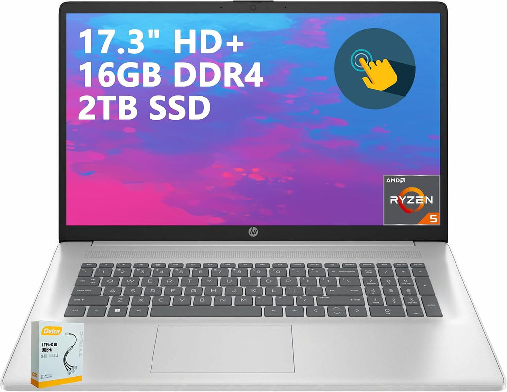 HP 17 Business Laptop | 17.3' HD+ Touchscreen | AMD 6-Core Ryzen 5 7430U (> i7-1255U) | 16GB DDR4 2TB SSD | Privacy Camera Type-C Fast Charge Long-Lasting Battery Win11 w/DLCA Accessory
