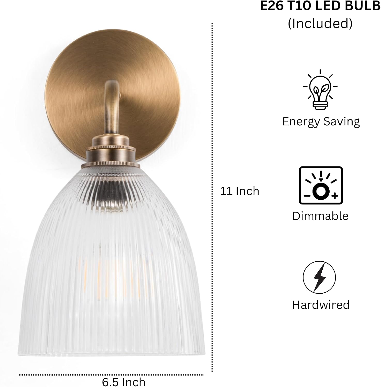 Hardwired Antique Brass Wall Sconces with Ribbed Glass Shades, Aged Brass Sconce Vintage Wall Light Fixture for Bathroom, Bedroom, Hallway, Kitchen (Bulb Included)
