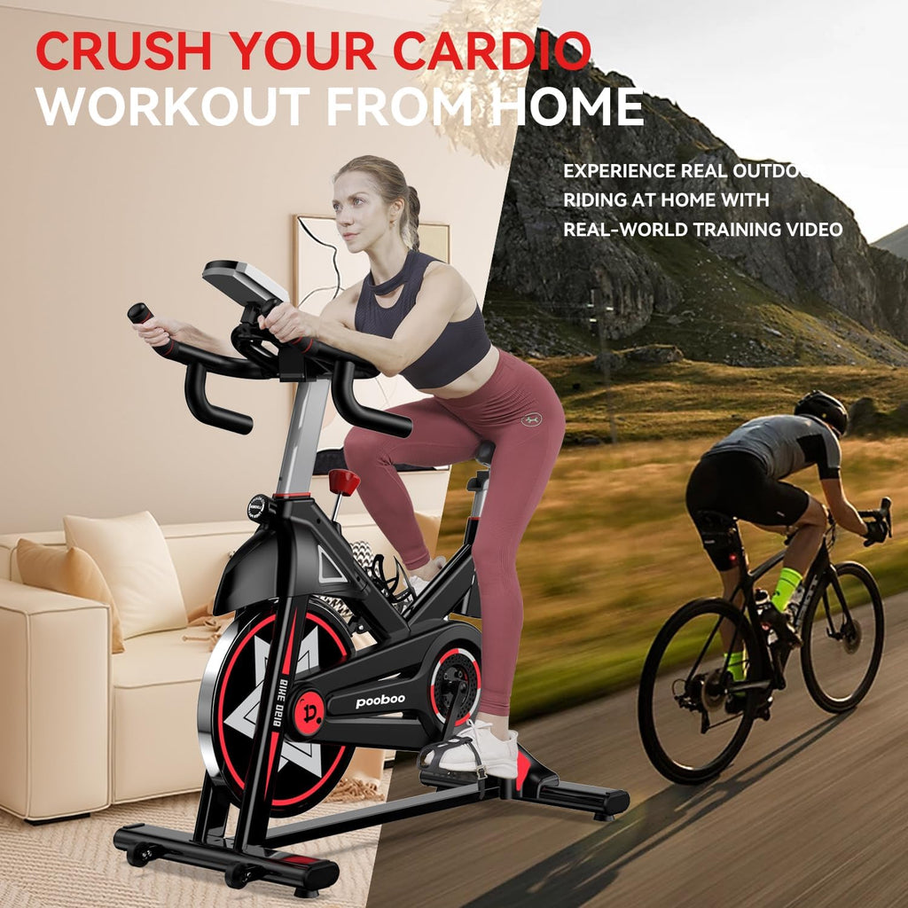POOBOO Exercise Bike, Stationary Bike for Home Gym, Indoor Cycling Bike w/Comfortable Seat Cushion & Tablet Mount, Silent Belt Drive Indoor Bike for Cardio Workout