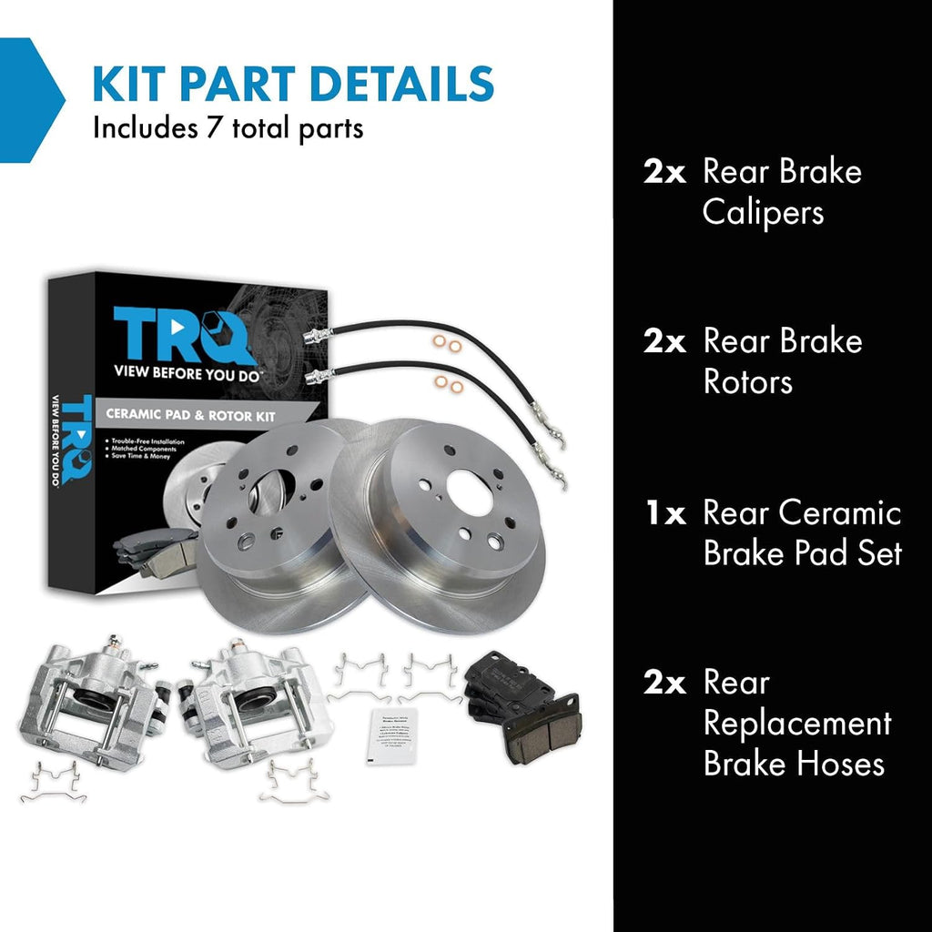 TRQ Rear Brake Pad and Rotor Set Ceramic Rotors Calipers Hoses Compatible with 2006-2013 Lexus IS250