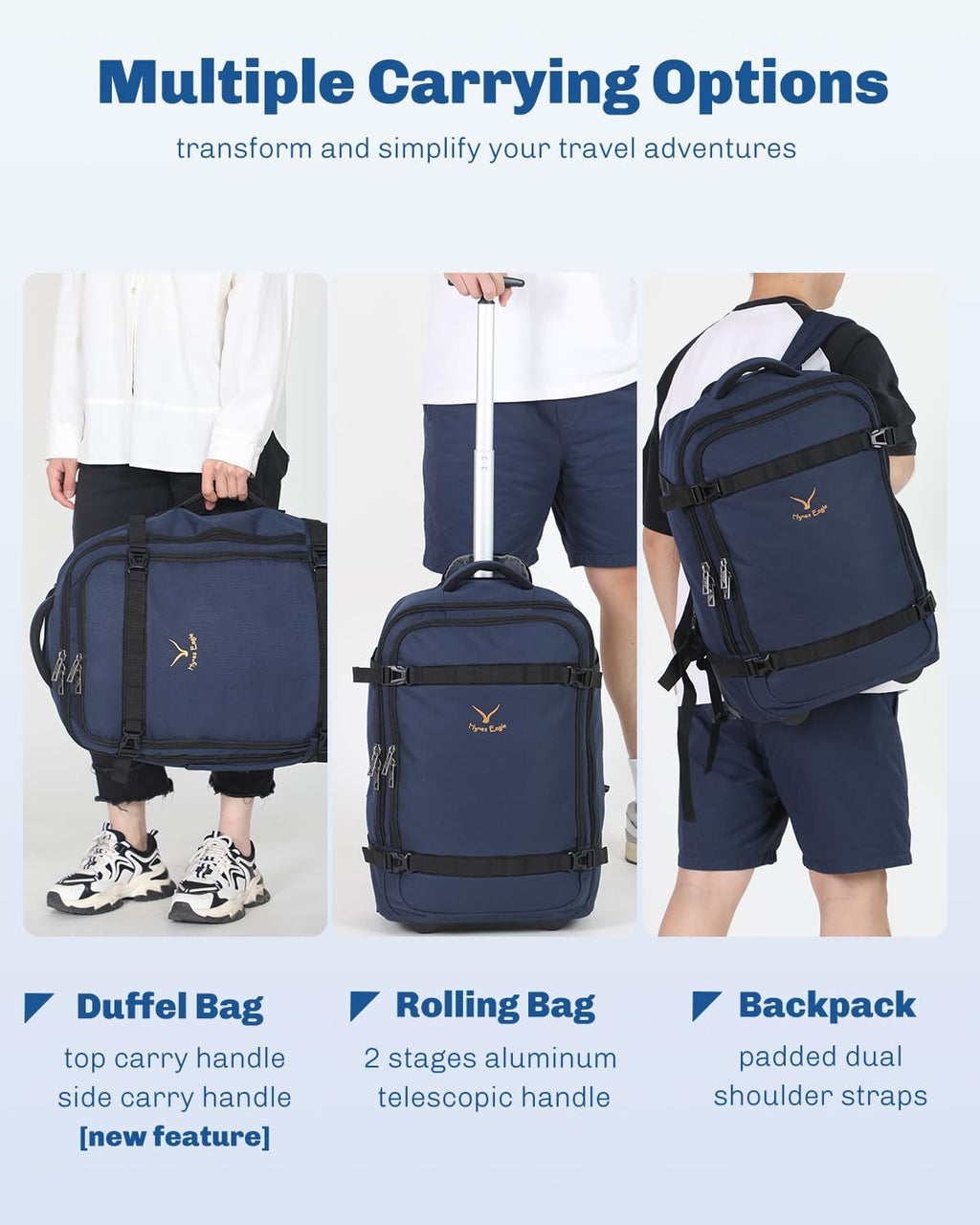Hynes Eagle Rolling Backpack 42L Backpack with Wheels Airline Approved Carry on Luggage Laptop Travel Suitcase Bag for Women Men Dark Blue
