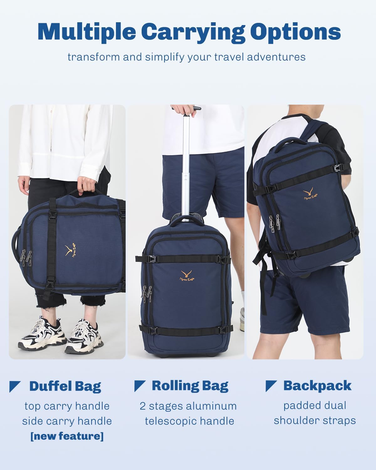 Hynes Eagle Rolling Backpack 42L Backpack with Wheels Airline Approved Carry on Luggage Laptop Travel Suitcase Bag for Women Men Dark Blue