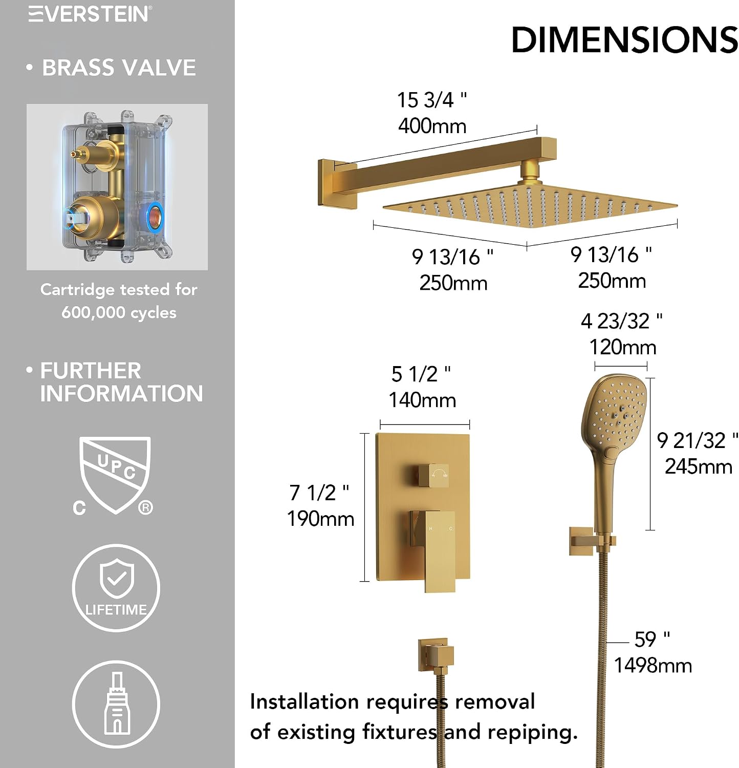 Square Rain Shower System Faucet Set, 10 Inch Rainfall Shower Head with Handheld, Wall Mount Faucet Set with Valve, Brushed Gold