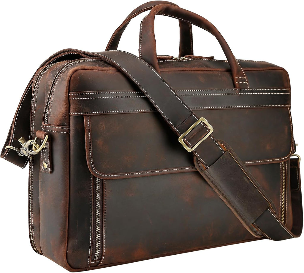 Masa Kawa Leather Briefcase for Men 15.6', 17' Laptop Computer Case Business Travel Work Messenger Cross Body Shoulder Bag