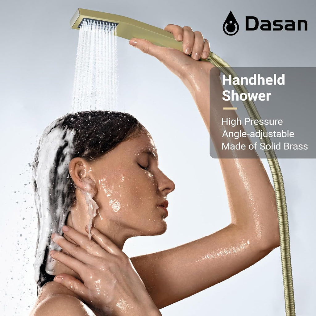DASAN Full Body Shower System with 6 PCS Body Spray Jets & 12'' Rain Overhead Shower & Handheld, In-Wall Rain Shower System Brushed Gold Shower Faucets Sets Complete with Valve, SA-SS03ABG-S12W