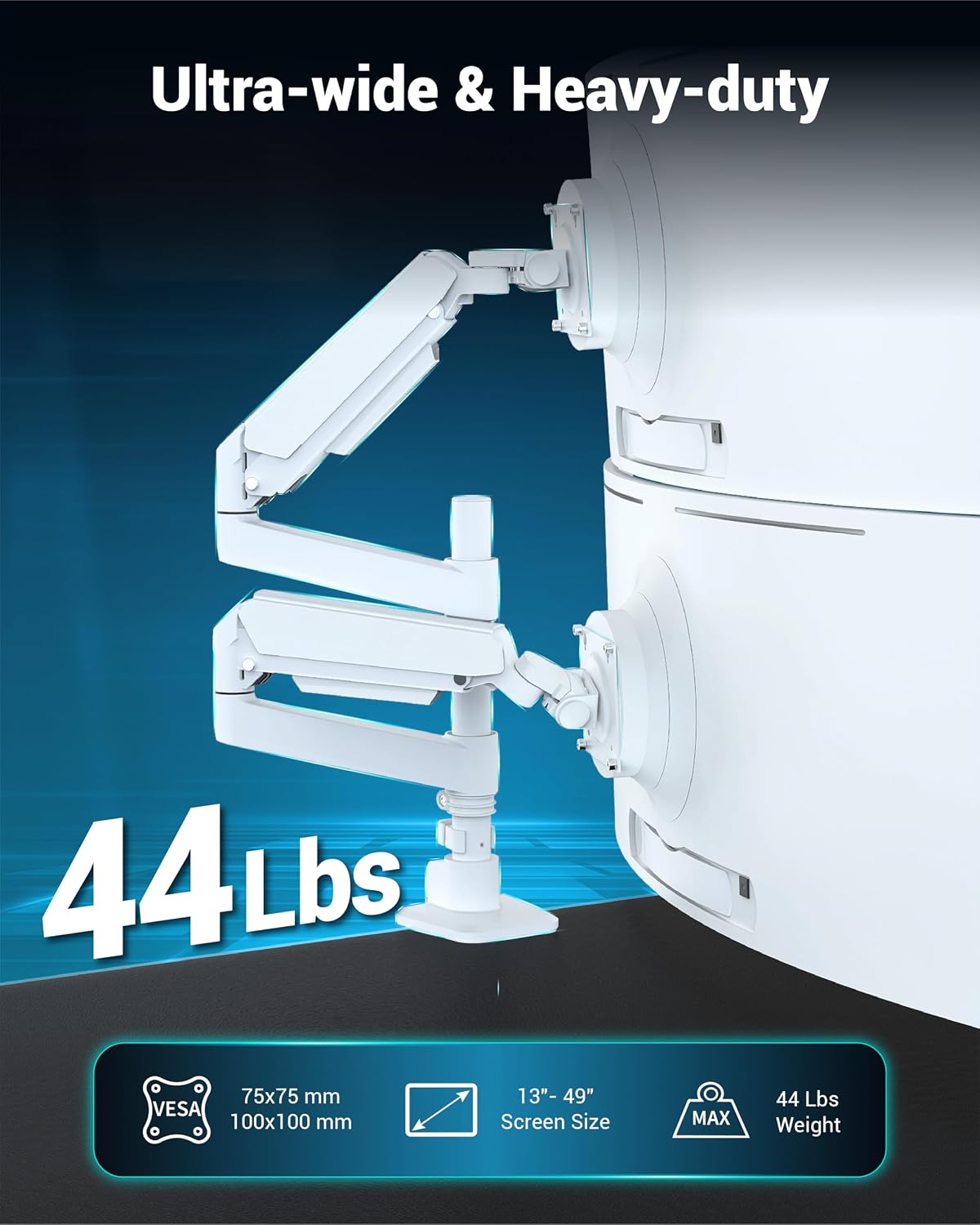 Ergounion Dual Monitor Arm for 13-49 Inch Ultrawide Screens, Heavy Duty Monitor Mount for 2 Monitors up to 44lbs, Full Motion Vertical Stacked Dual Monitor Arm Desk Mount, 75/100mm VESA Mount, White