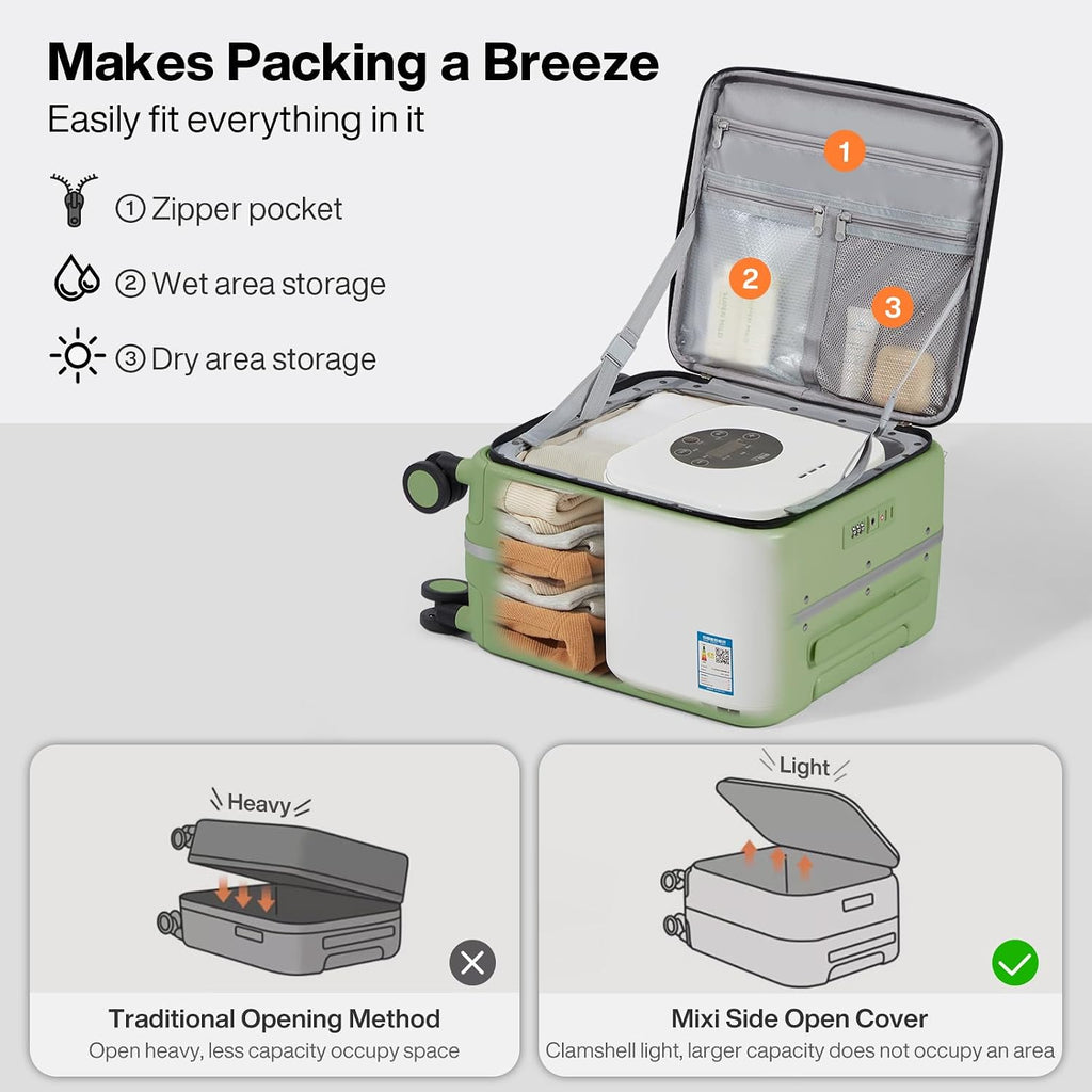 mixi 17x14x9 Carry On Luggage Underseat PC Hard Shell Suitcase Top Opening Aluminum Frame Travel Suitcases with Wheels, Avocado Green