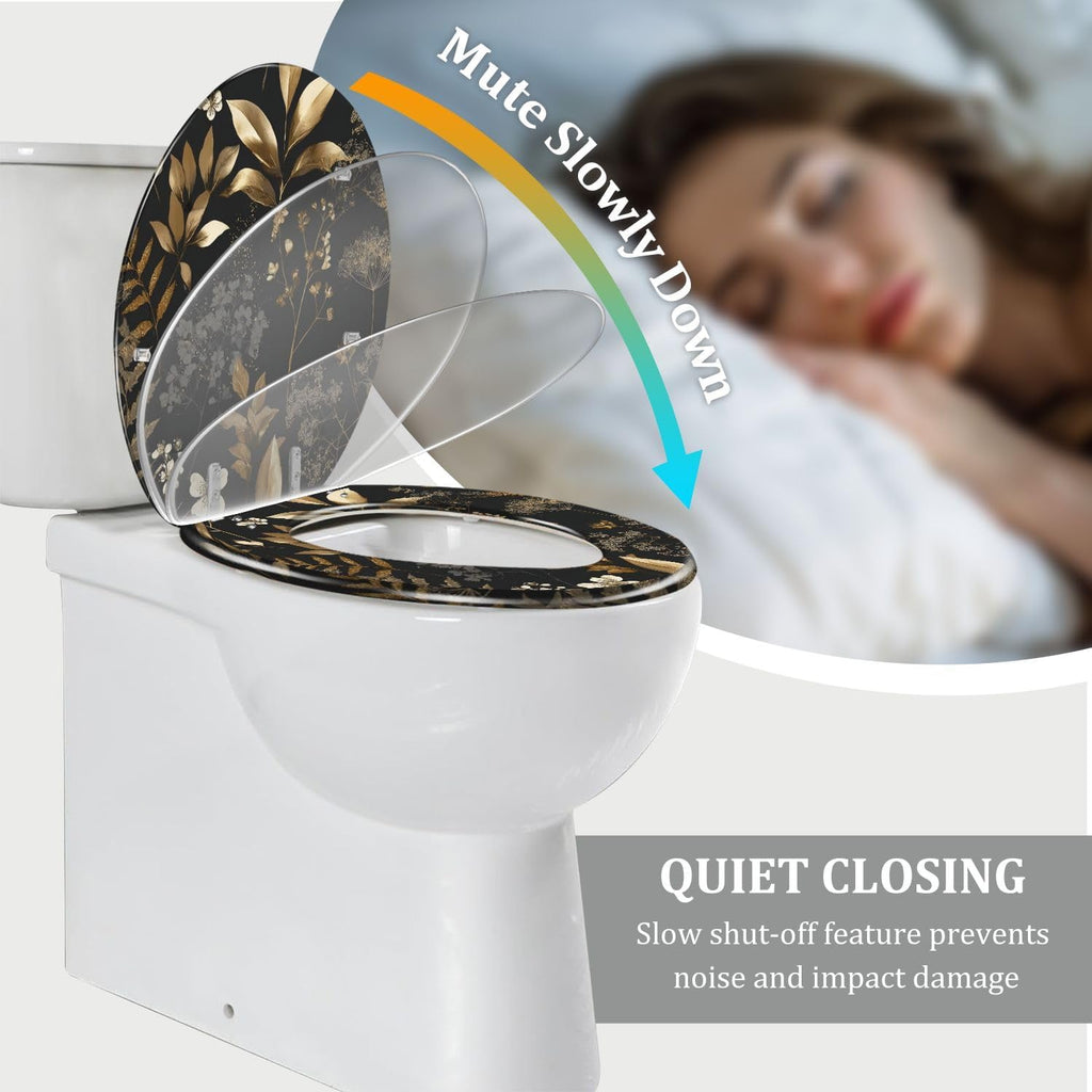 Elongated Toilet Seat Gold Silver Floral Black Leaves Flowers Resin Toilet Seat Quietly Close Quick Release Hinges with Cover Bumpers Decorative Easy to Install Clean