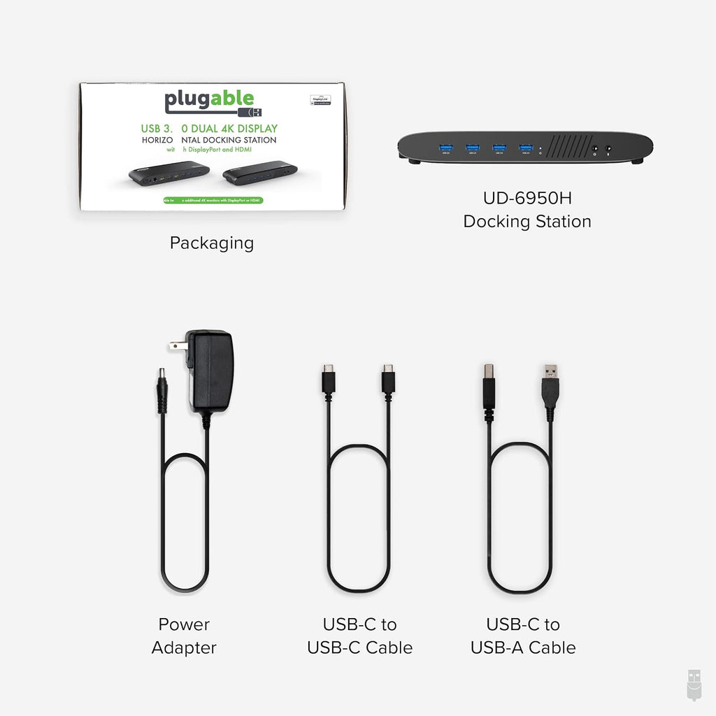Plugable Universal Laptop Docking Station, 4K Dual Monitor, DisplayPort or HDMI, Windows Mac or ChromeOS Laptops, USB-C or USB 3.0, Adds 2 Displays, Ethernet, Audio, 6 USB Ports