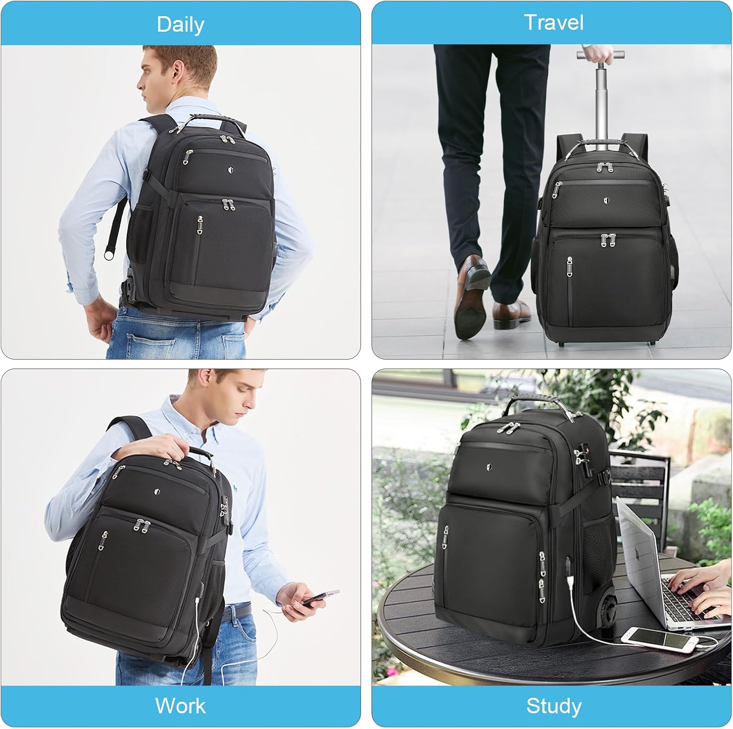 Vacuum Rolling Backpack,50L Roller Travel Laptop Backpack with Anti-Theft,rolling backpack for travel,Water-Resistant Carry-On Luggage,Business and Commuting (A)