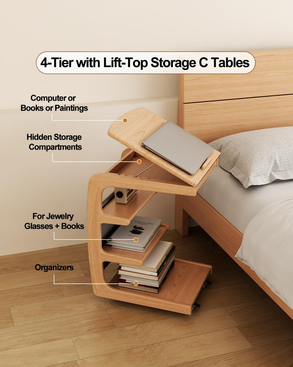 AQIMUELE Wooden C-Shaped End Table,Couch Desk with 2 Lockable Wheels,4-Tier Couch Table with Storage Bag,Small Rolling Side Table Tv Trays for Couch, Living Room,Bedroom (Natural)