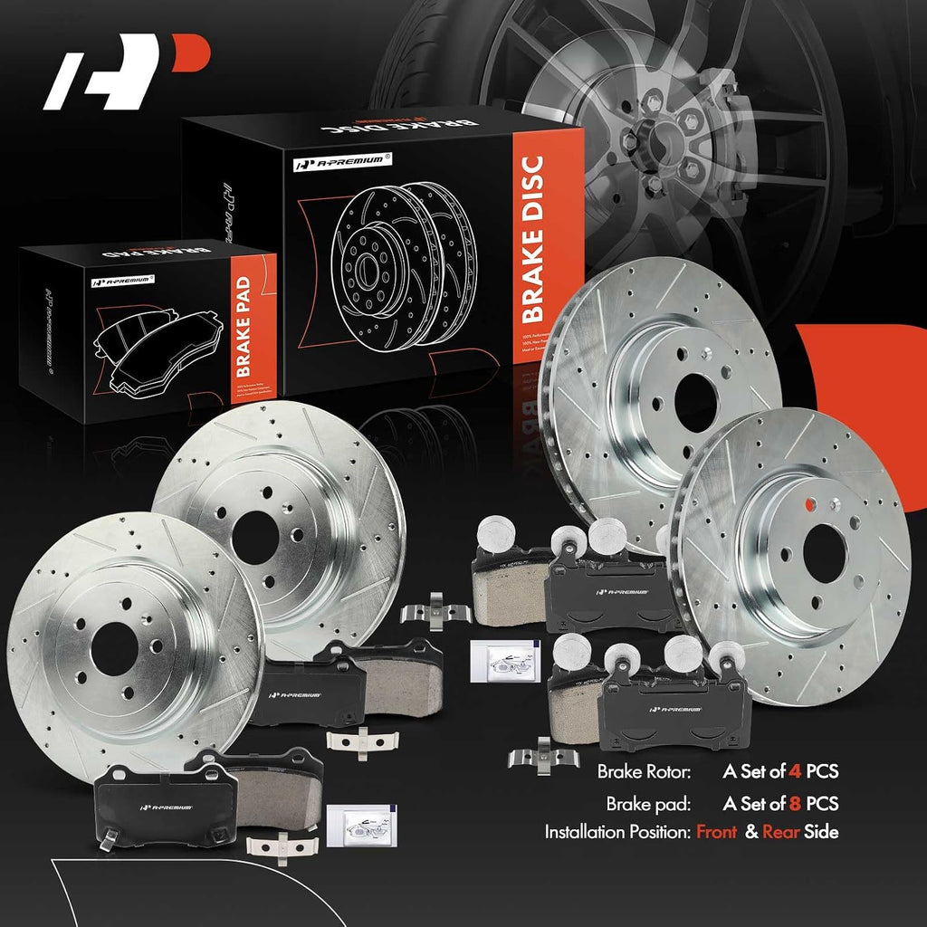 A-Premium Front and Rear Drilled and Slotted Disc Brake Rotors + Ceramic Pads Kit Compatible with Select Tesla Model - Model S 2013 2014 2015 2016, 12-PC Set