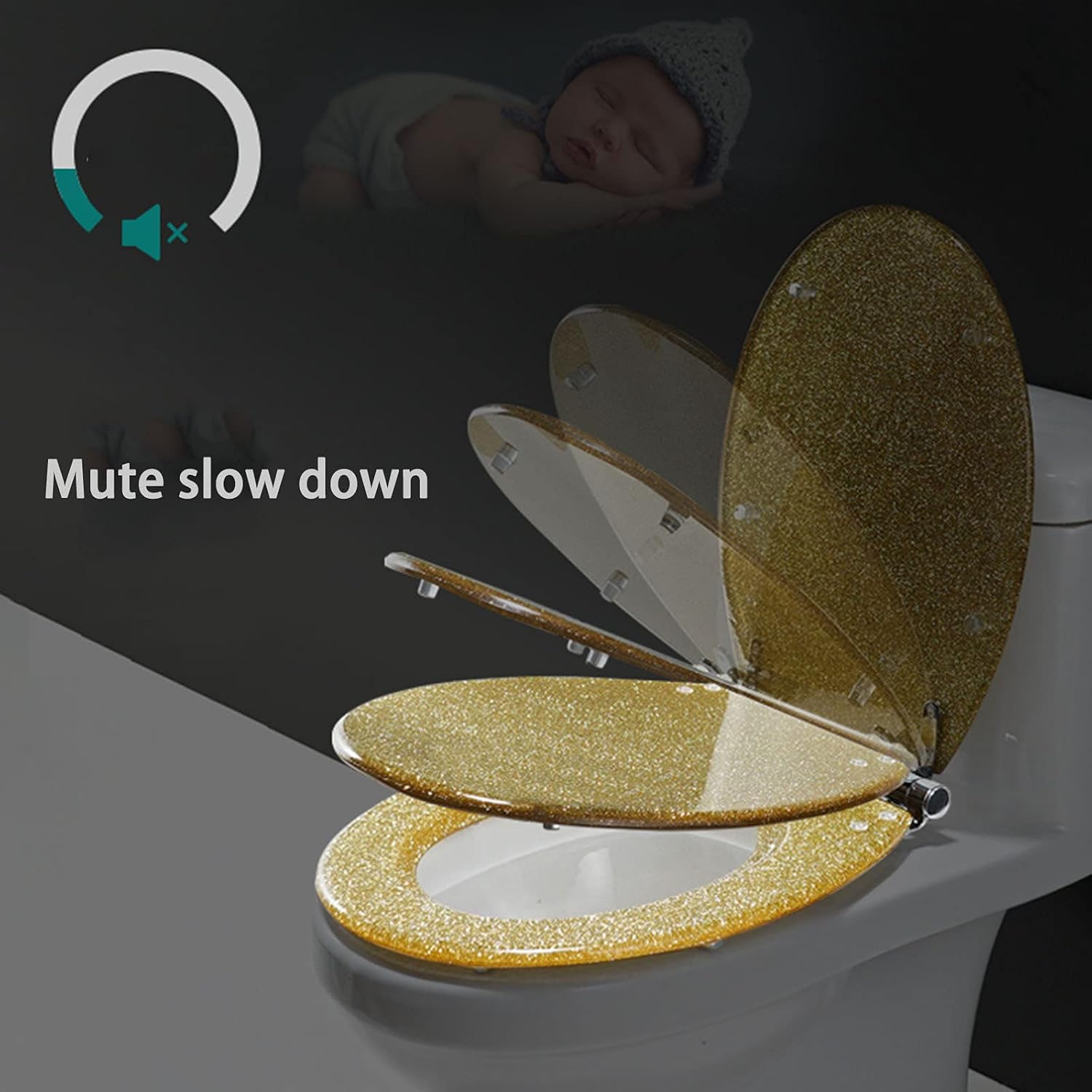 Glitter Soft Close Toilet Seat with Quick Release, 360° Adjustable Hinges, Oval Design, Easy to Install and Clean - Gold/Silver/Black