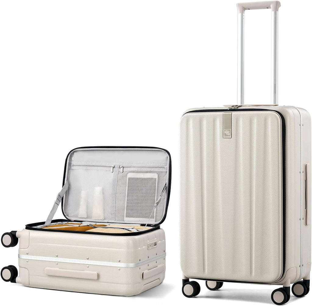 Hanke 24 Inch Checked Luggage PC Hard Case Luggage Top Opening Aluminum Frame Travel Luggage Suitcases with Wheels for Woman Men.(Ivory white)