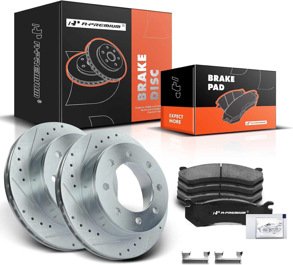 A-Premium 12.99 inch (330mm) Rear Drilled and Slotted Disc Brake Rotors + Ceramic Pads Kit Compatible with Select Chevy and GMC Models - Silverado HD, Suburban, Sierra 2500, Avalanche, Yukon XL, 6-PC