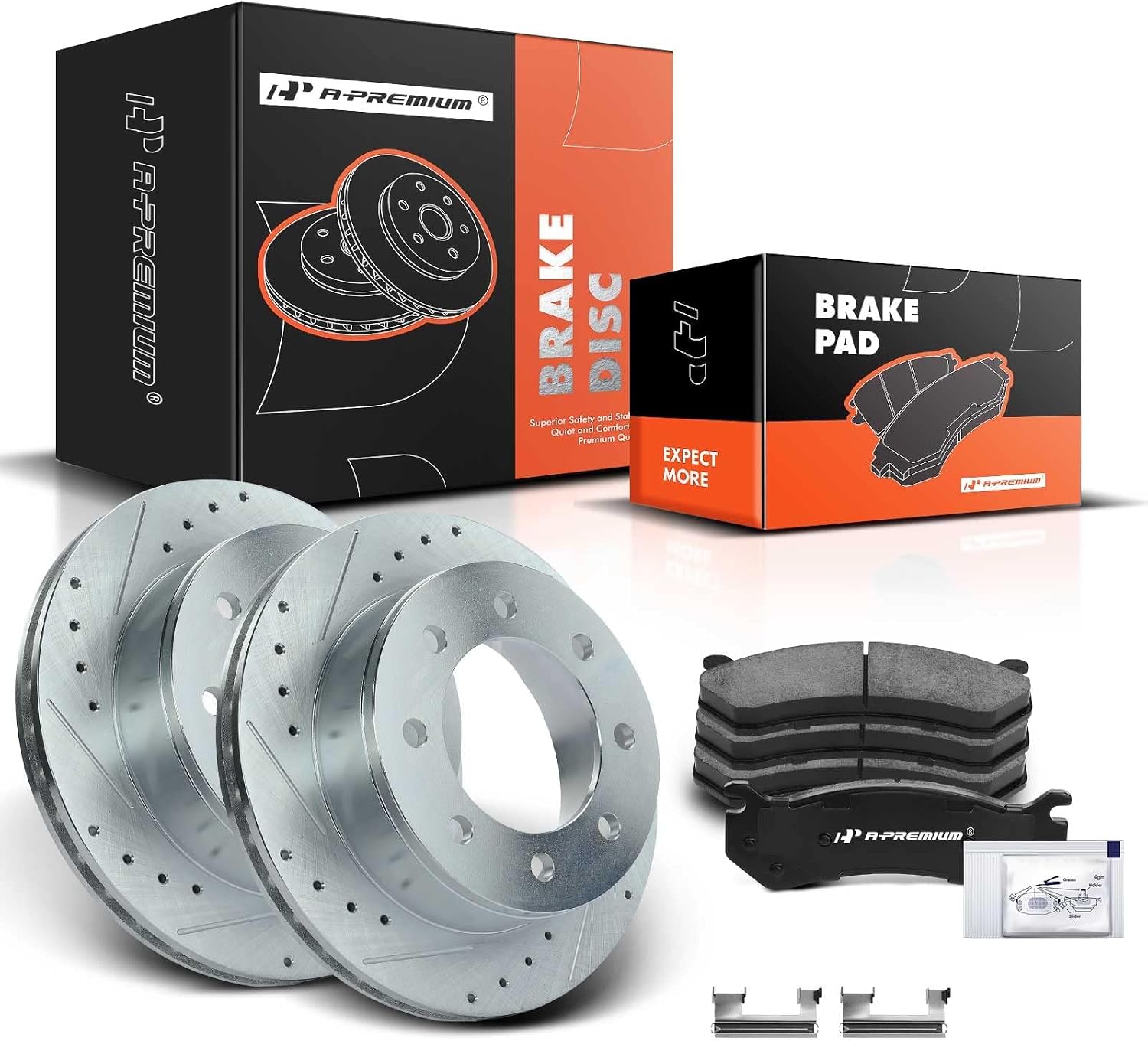 A-Premium 12.99 inch (330mm) Rear Drilled and Slotted Disc Brake Rotors + Ceramic Pads Kit Compatible with Select Chevy and GMC Models - Silverado HD, Suburban, Sierra 2500, Avalanche, Yukon XL, 6-PC